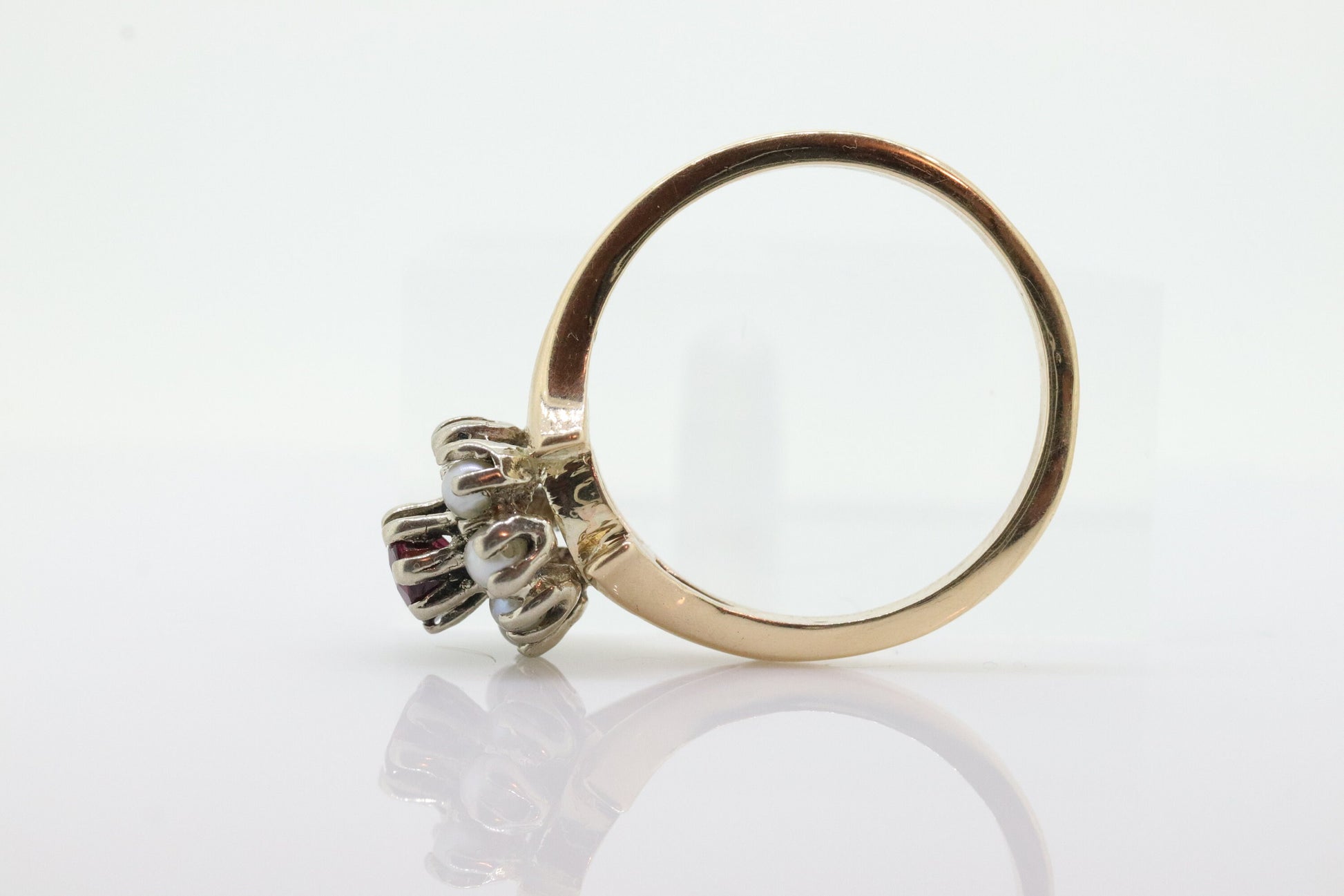14k Ruby and Pearl Halo ring. Victorian Ruby prong set pearl cluster band. Vintage Ruby Pearl ring. st(70)