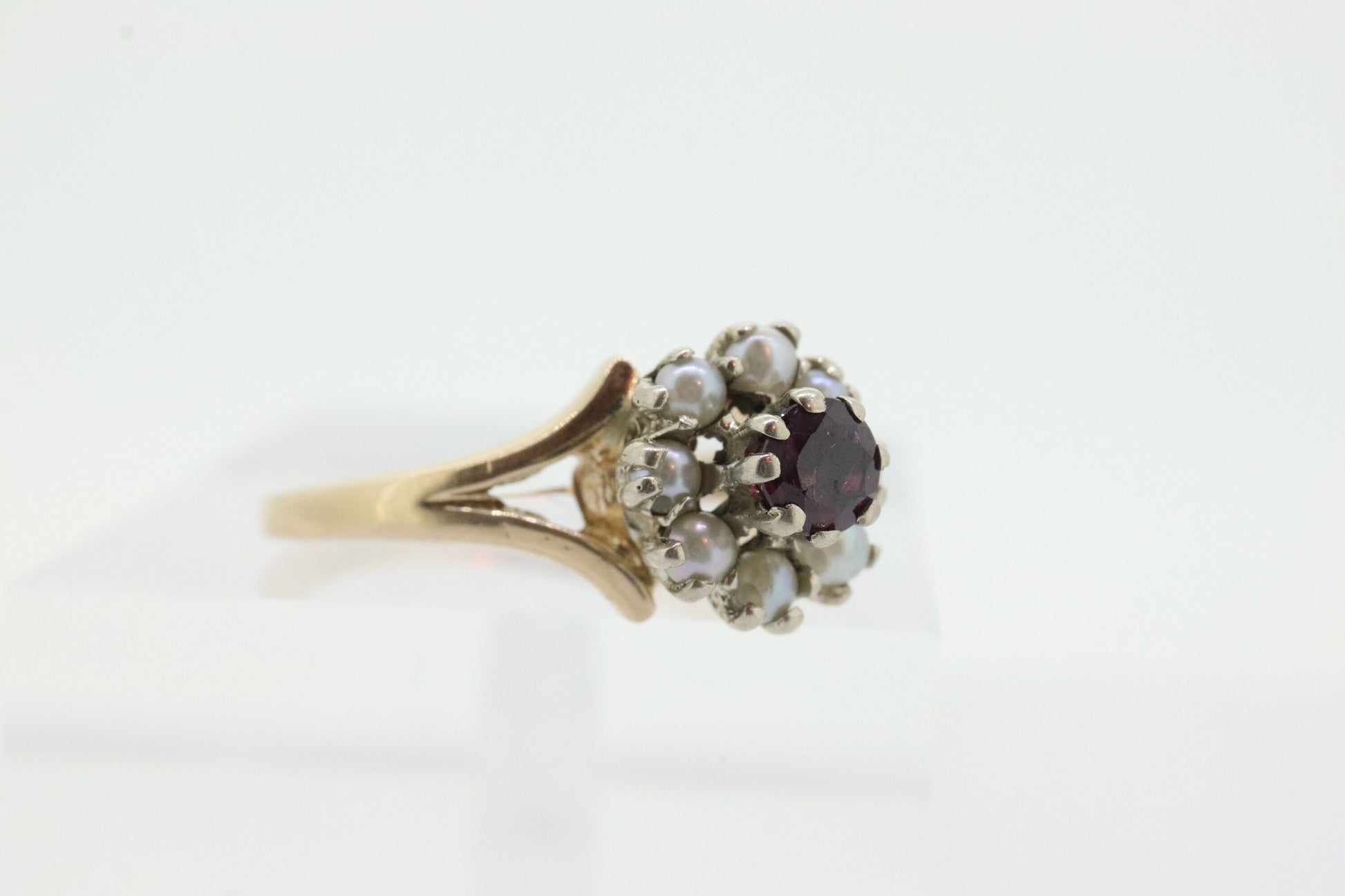 14k Ruby and Pearl Halo ring. Victorian Ruby prong set pearl cluster band. Vintage Ruby Pearl ring. st(70)