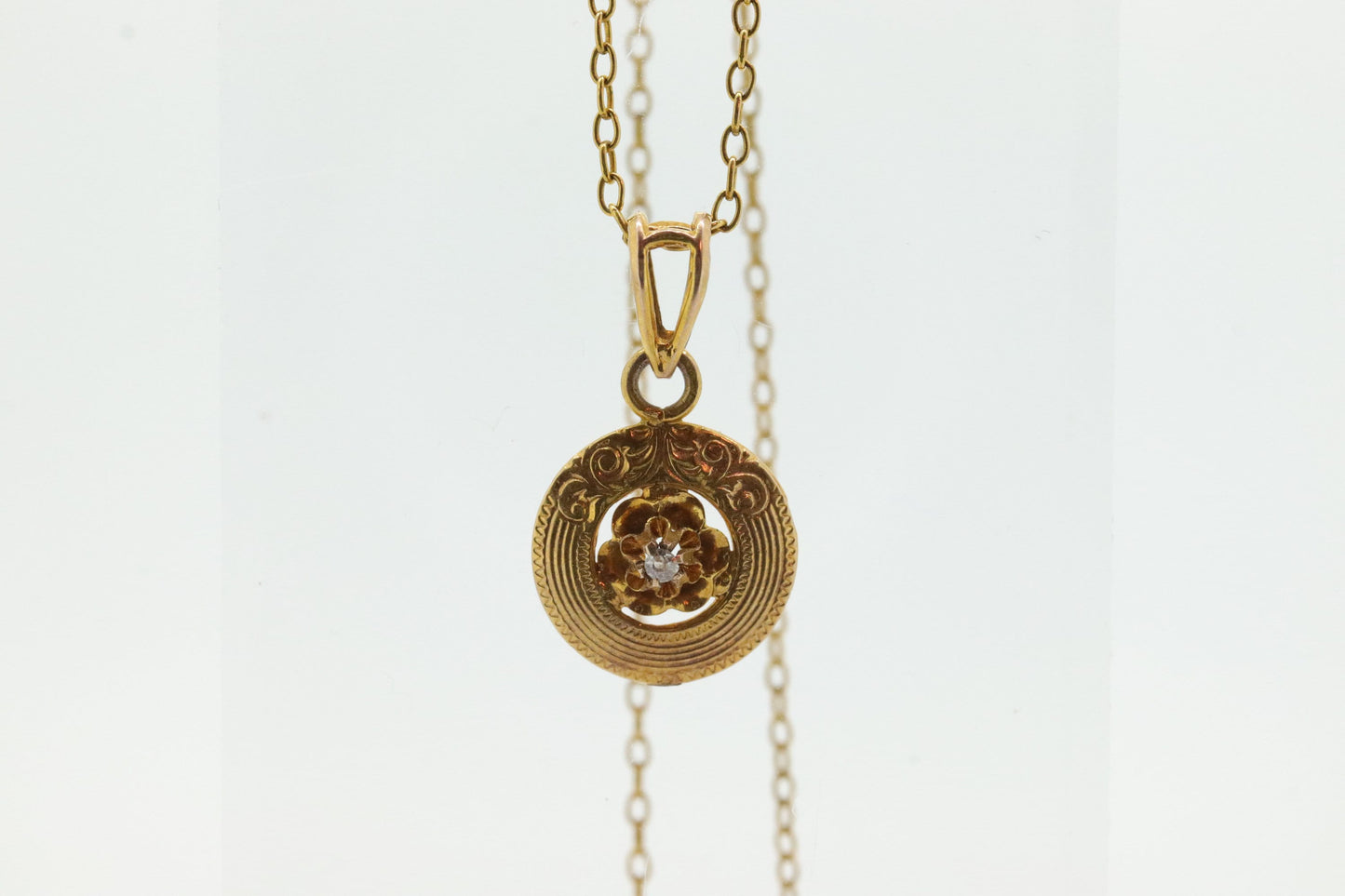 Antique Diamond pendant lavaliere. 10k Gold with a diamond set buttercup pendant for necklace. Art nouveau era (st70)
