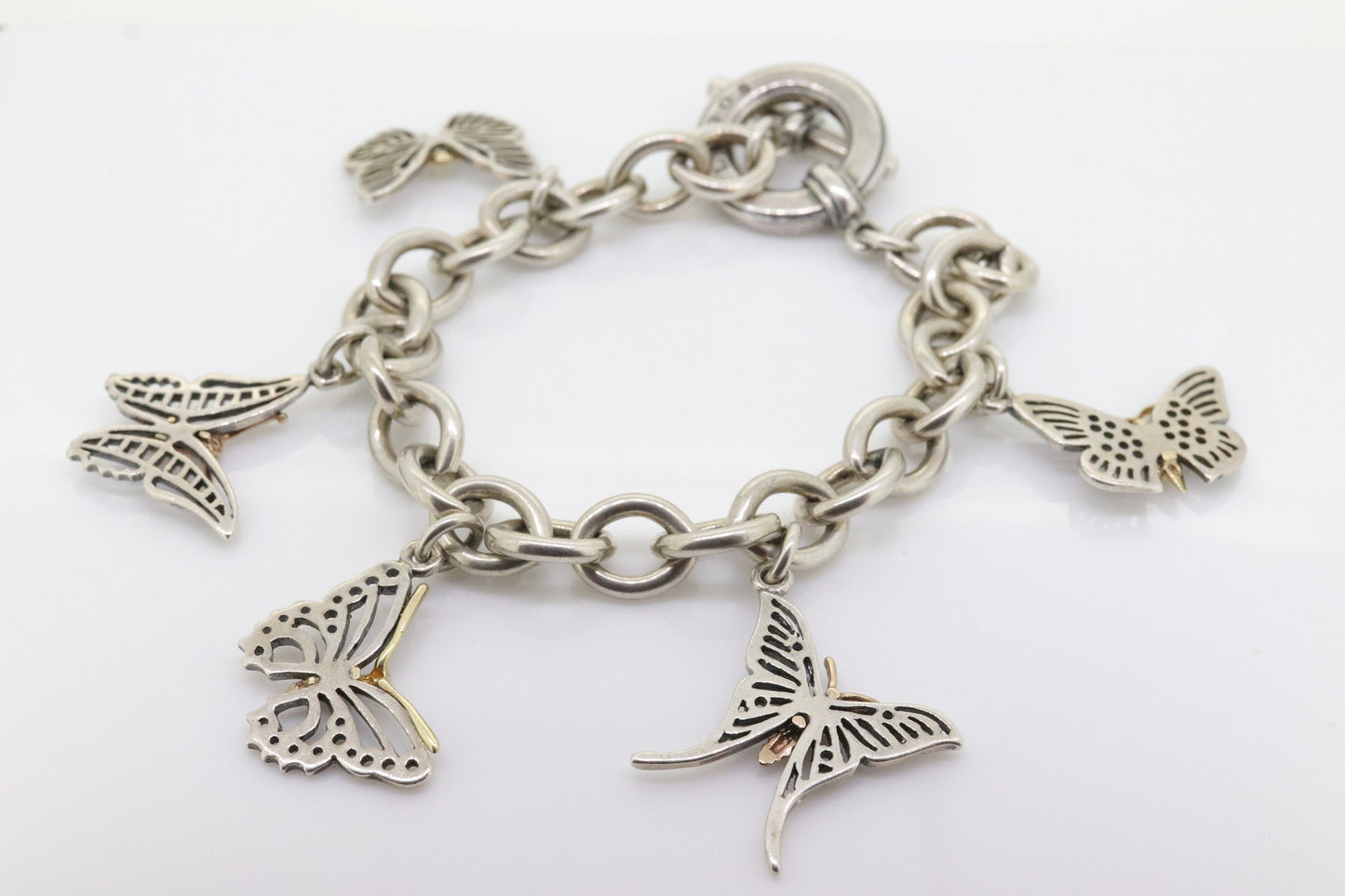 LAGOS Caviar Butterfly Bracelet. Sterling Silver 18K Yellow Gold Butterfly Charm Dangling Heavy Bracelet. (st161)