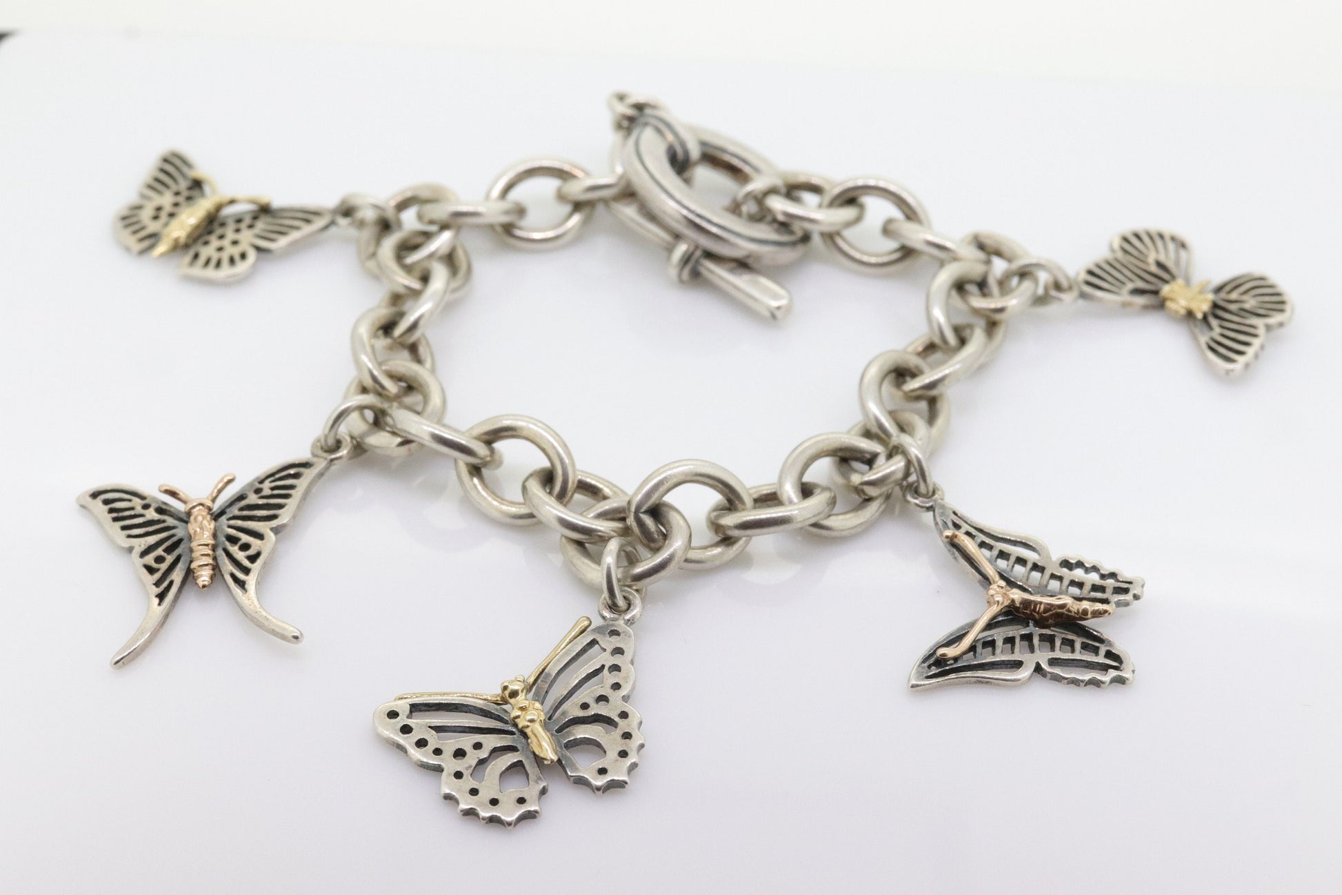 LAGOS Caviar Butterfly Bracelet. Sterling Silver 18K Yellow Gold Butterfly Charm Dangling Heavy Bracelet. (st161)
