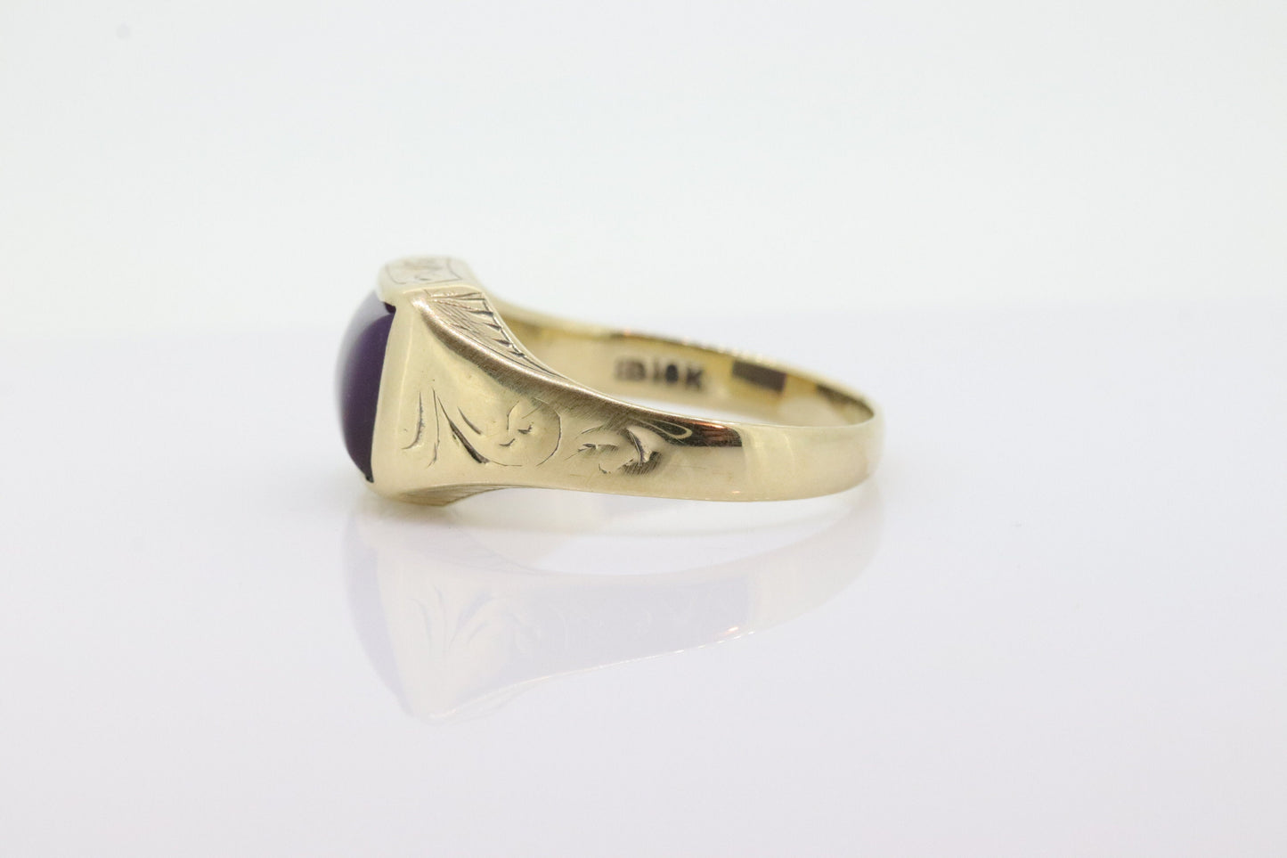 10k SUGILITE Purple bezel ring. Antique engraved 10k Rectangle Purple Sugilite bezel set in a Heavy shank. SZ 11 5.1grams