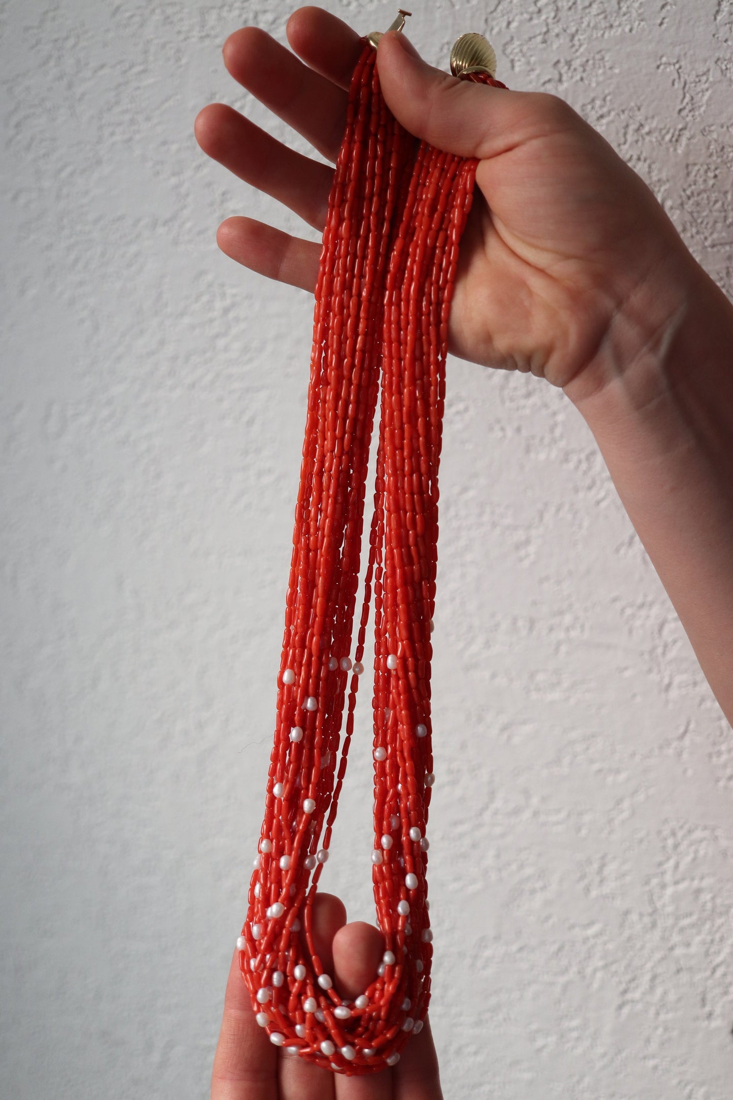 14k Coral Pearl Bead Necklace. Multi-Strand Liquid Coral beads. High Quality Coral Twisted Pearl Coral Necklace st(108)