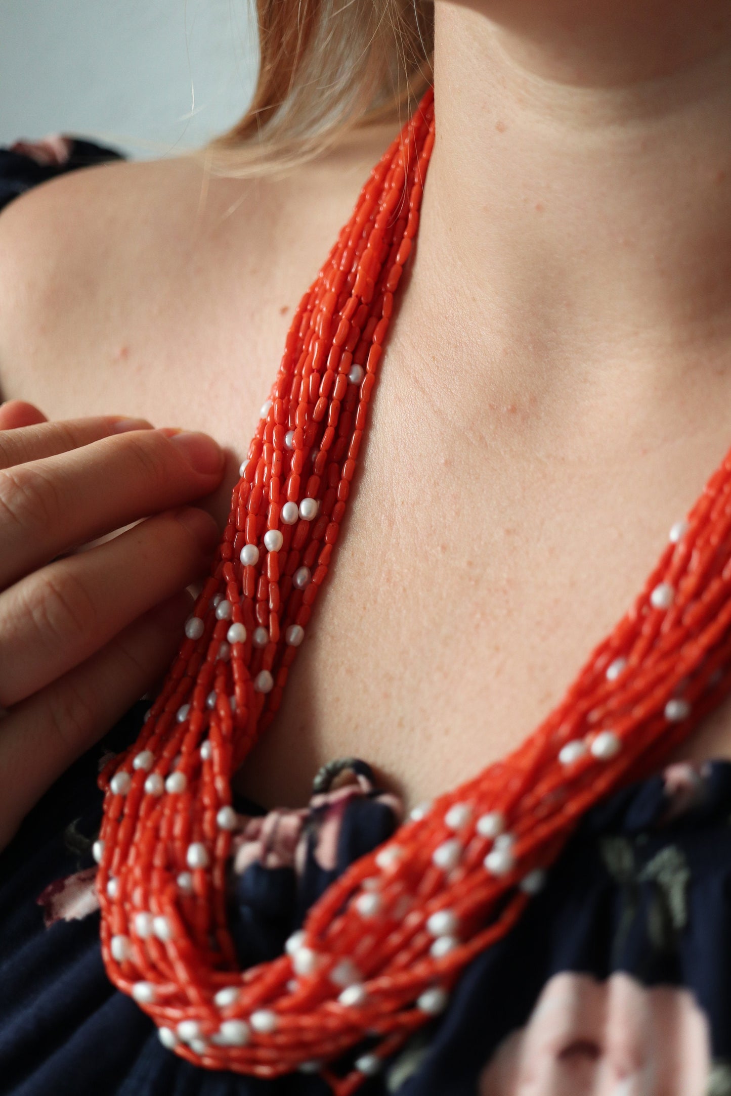 14k Coral Pearl Bead Necklace. Multi-Strand Liquid Coral beads. High Quality Coral Twisted Pearl Coral Necklace st(108)