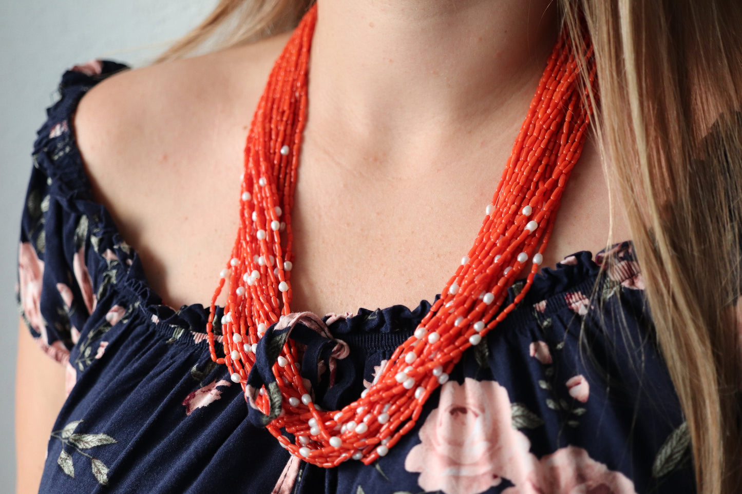 14k Coral Pearl Bead Necklace. Multi-Strand Liquid Coral beads. High Quality Coral Twisted Pearl Coral Necklace st(108)