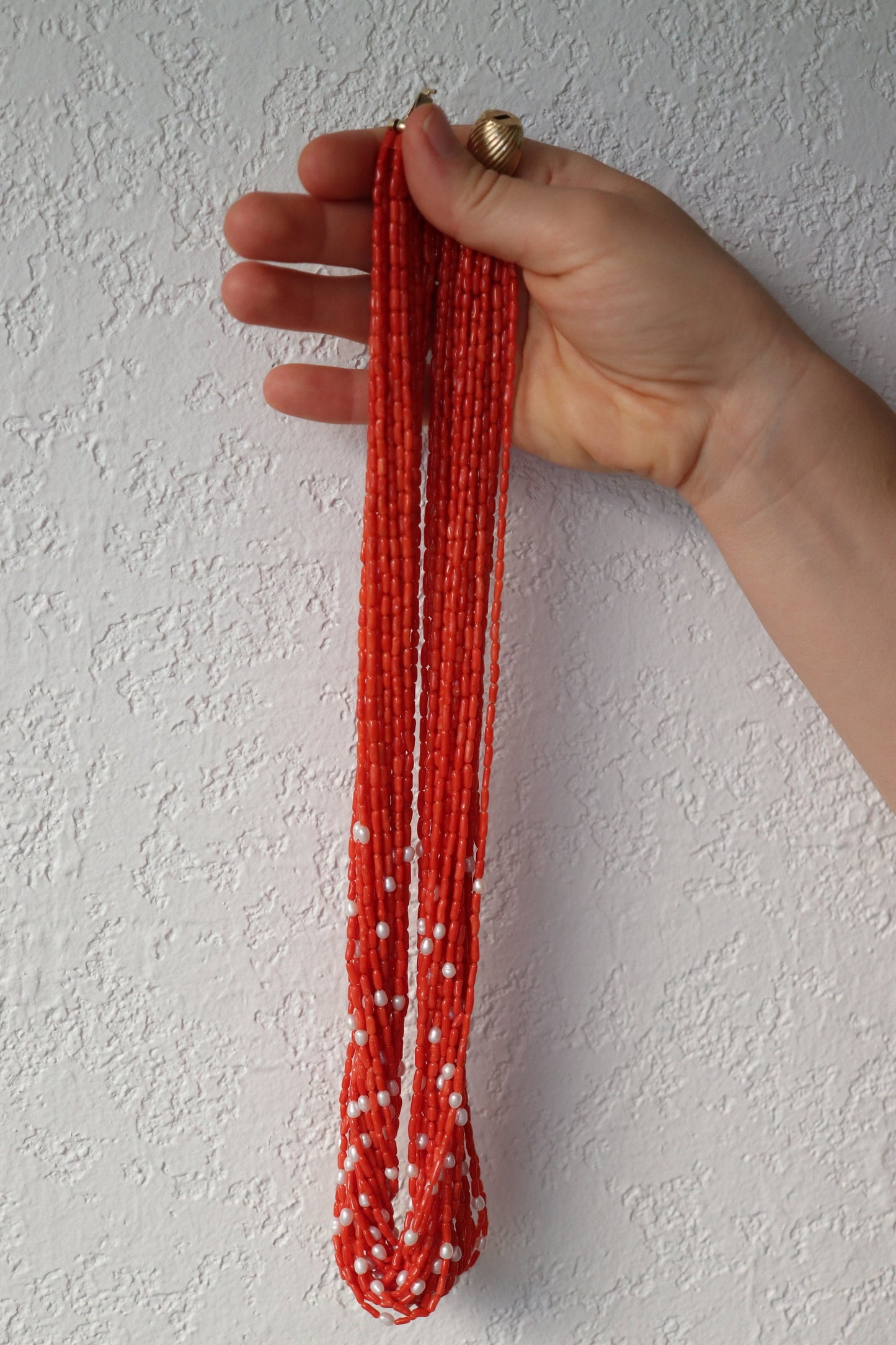 14k Coral Pearl Bead Necklace. Multi-Strand Liquid Coral beads. High Quality Coral Twisted Pearl Coral Necklace st(108)