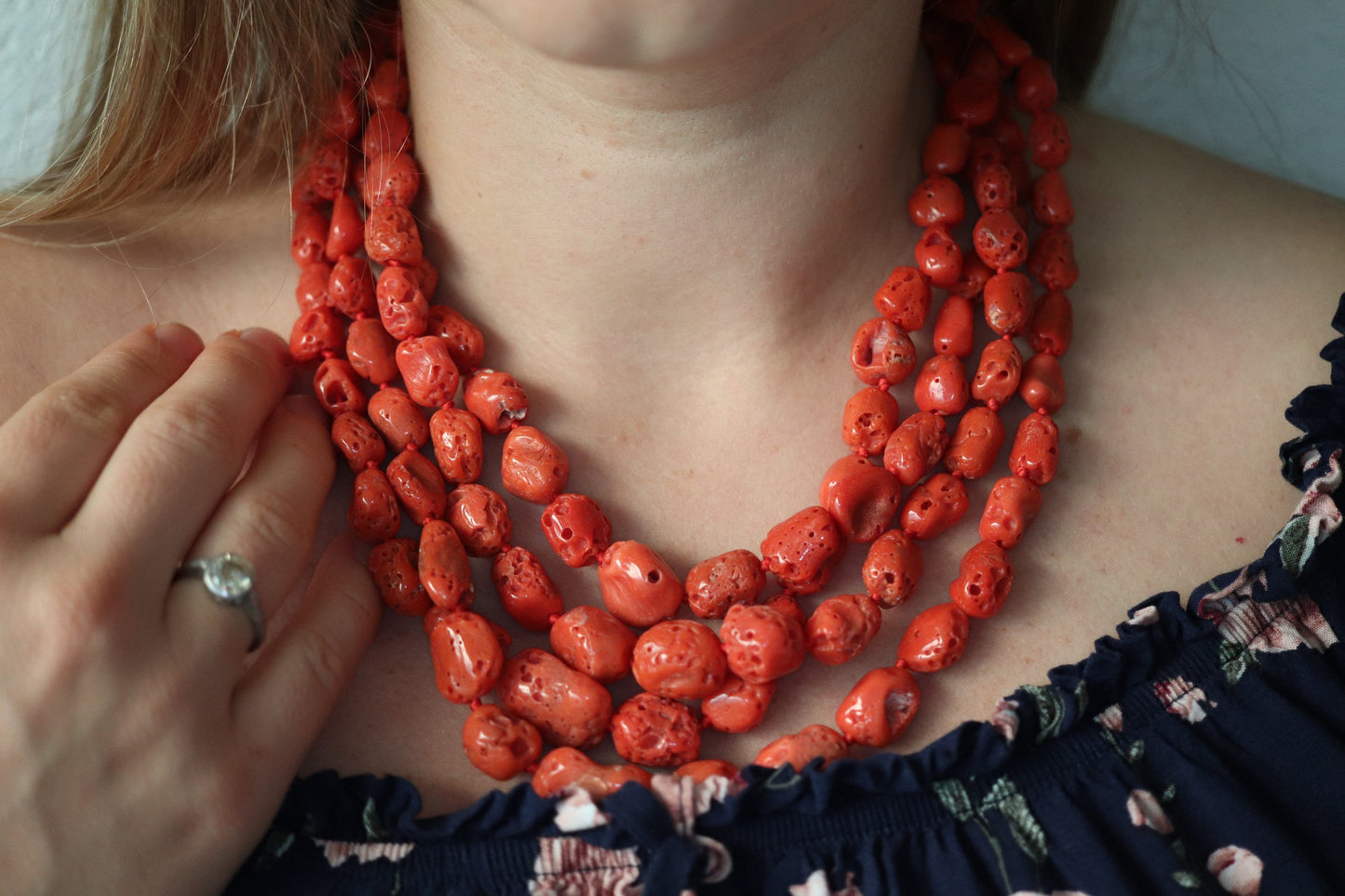 14k Coral Bead Necklace. Multi-Strand Raw Coral beads. High Quality Coral Natural Coral Necklace st(48)
