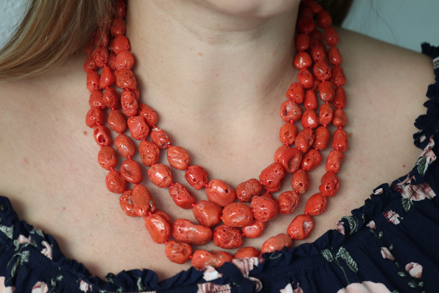 14k Coral Bead Necklace. Multi-Strand Raw Coral beads. High Quality Coral Natural Coral Necklace st(48)