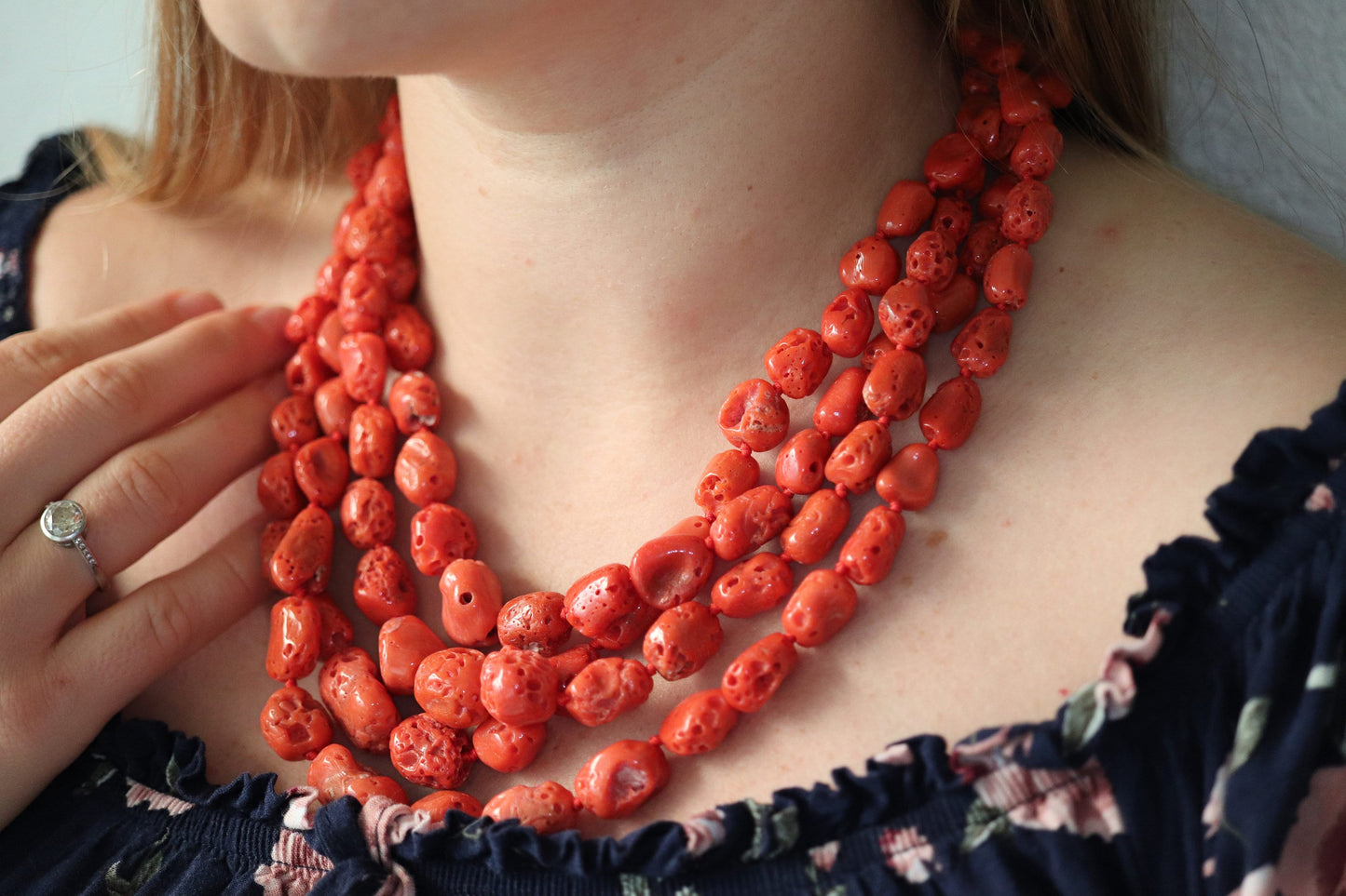 14k Coral Bead Necklace. Multi-Strand Raw Coral beads. High Quality Coral Natural Coral Necklace st(48)