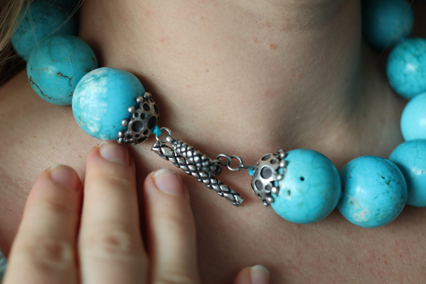 Dian Malouf Necklace. Round Turquoise Heavy sterling Silver Bead Necklace DLM Collection (st167)