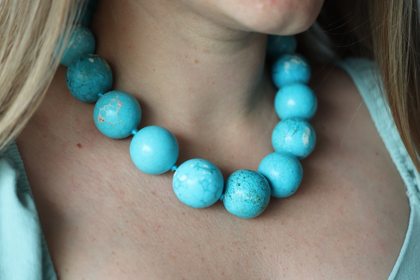 Dian Malouf Necklace. Round Turquoise Heavy sterling Silver Bead Necklace DLM Collection (st167)