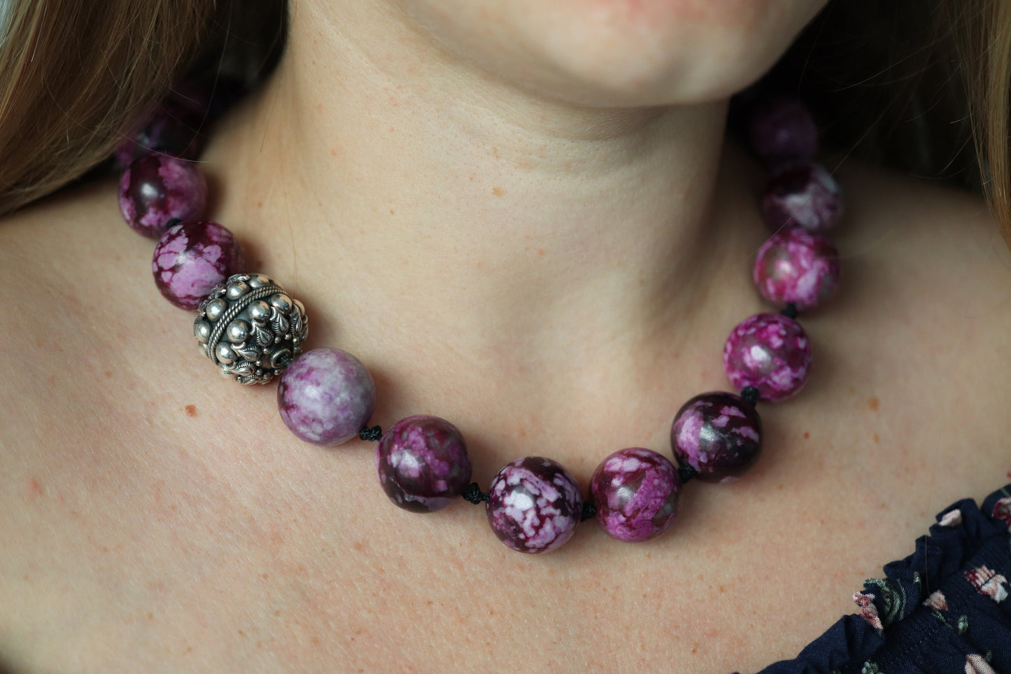 Dian Malouf Necklace. Round Charoite Heavy sterling Silver Bead Necklace DLM Collection (st115)