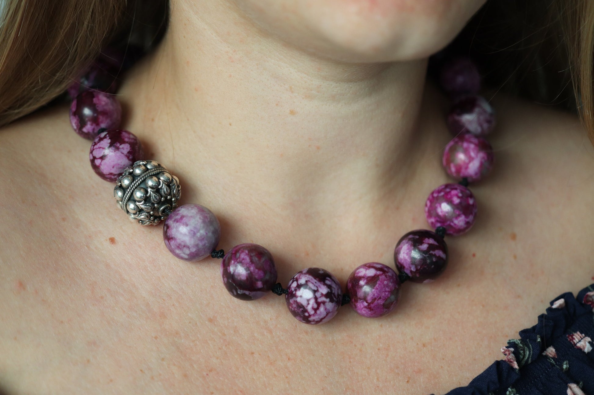 Dian Malouf Necklace. Round Charoite Heavy sterling Silver Bead Necklace DLM Collection (st115)
