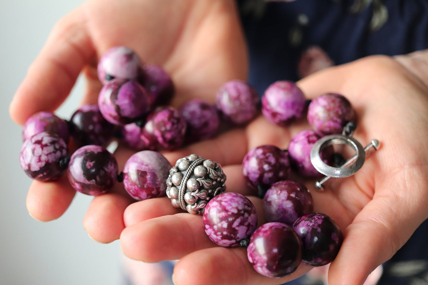 Dian Malouf Necklace. Round Charoite Heavy sterling Silver Bead Necklace DLM Collection (st115)