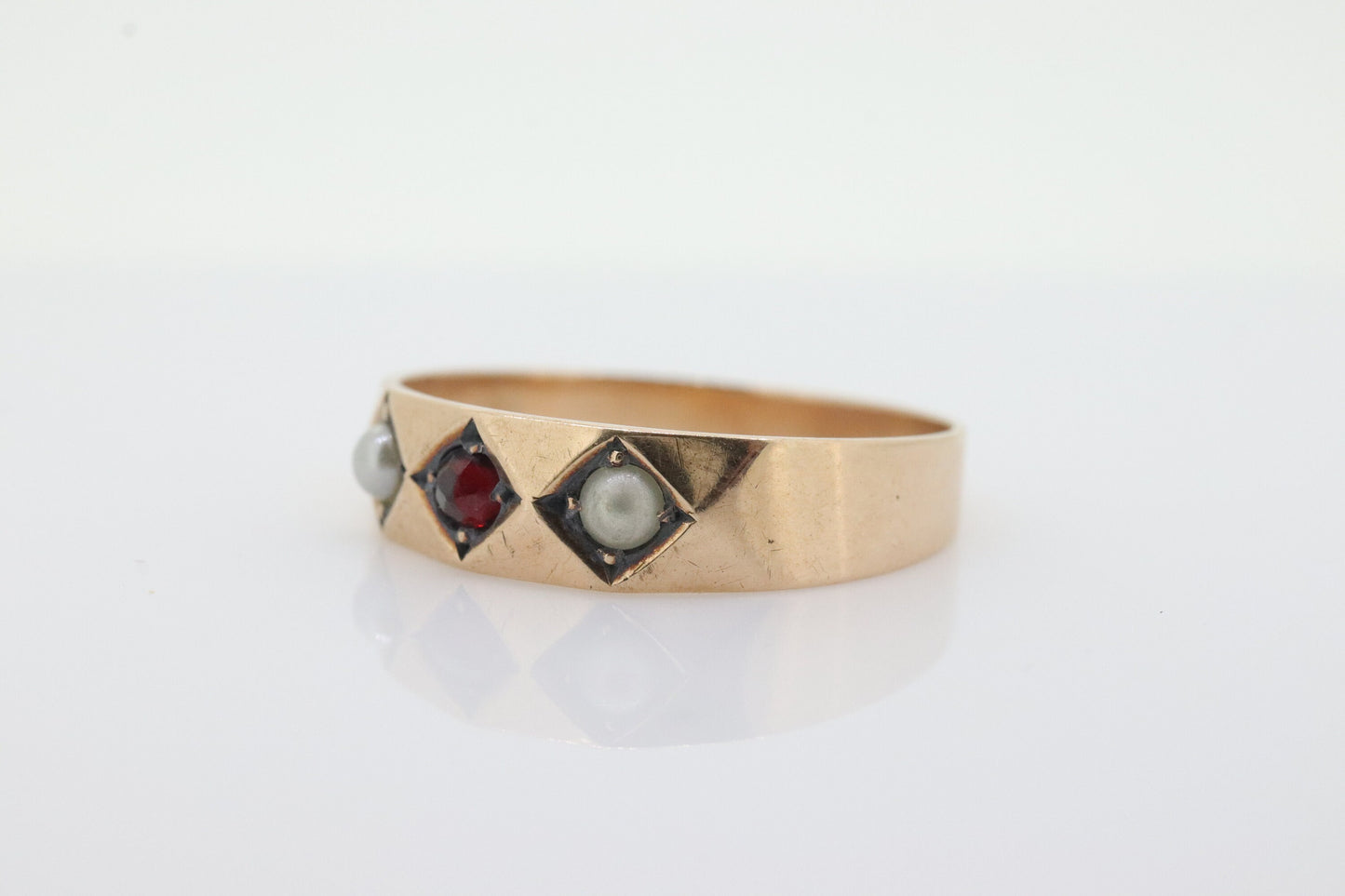 Antique Garnet and Pearl seed Star bezel set ring. Garnet Gypsy setting star wide anniversary band. st(130)