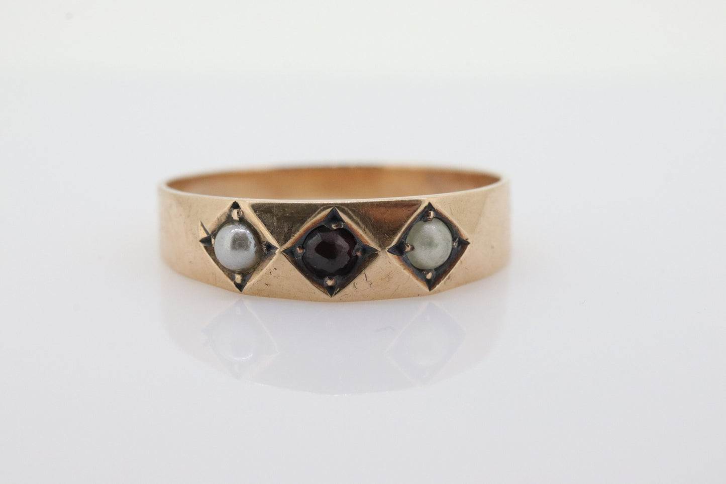 Antique Garnet and Pearl seed Star bezel set ring. Garnet Gypsy setting star wide anniversary band. st(130)