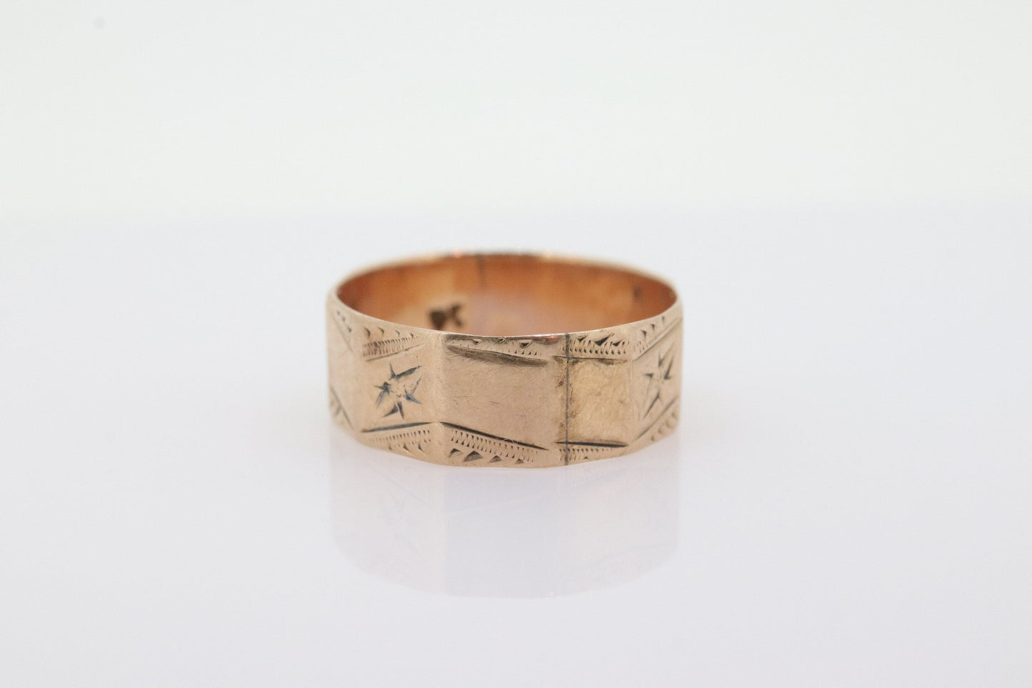 14k Wide LEAF Ornate engraved band. 14k Rose Gold Vintage Victorian Cigar band leaf design. 6mm sz4 st(100)