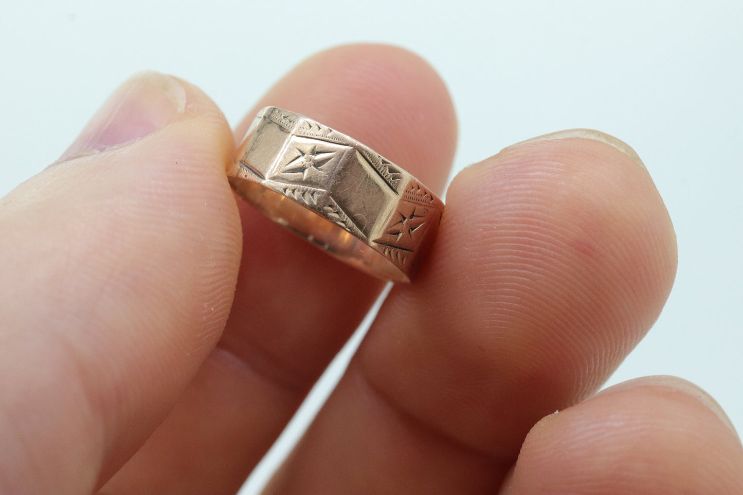 14k Wide LEAF Ornate engraved band. 14k Rose Gold Vintage Victorian Cigar band leaf design. 6mm sz4 st(100)