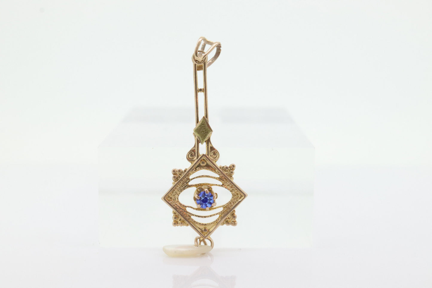 Art Nouveau Sapphire and Pearl seed Buttercup 10k gold Lavaliere st(80)