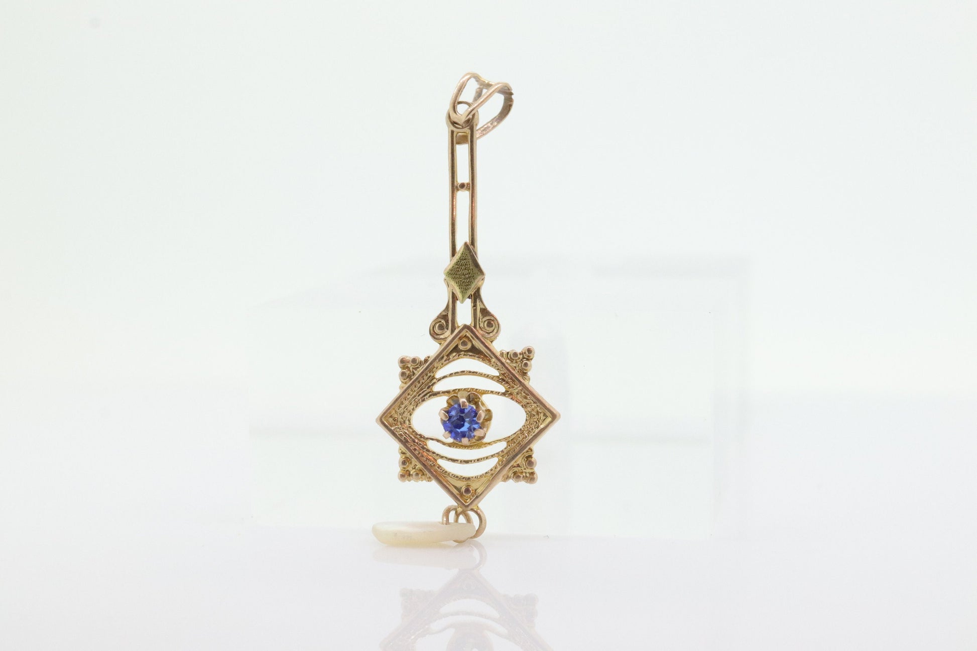Art Nouveau Sapphire and Pearl seed Buttercup 10k gold Lavaliere st(80)