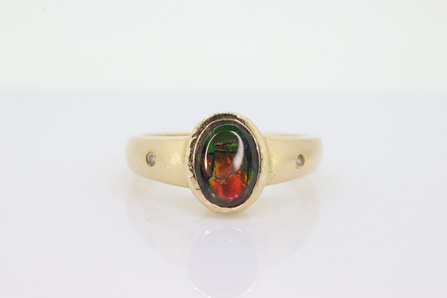 14k Oval Bezel Set Ammolite Ring and Earrings set. Ammolite Fossil and diamond earrings and ring. st140