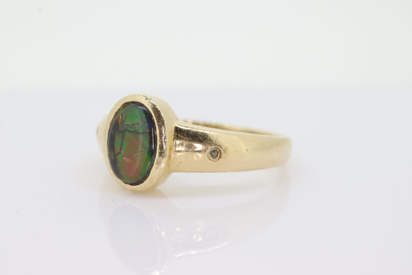 14k Oval Bezel Set Ammolite Ring and Earrings set. Ammolite Fossil and diamond earrings and ring. st140
