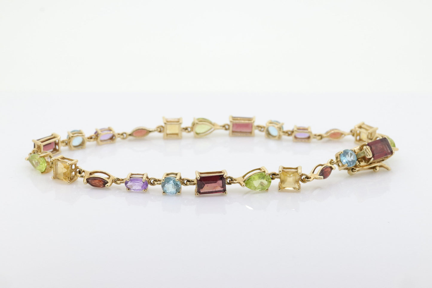 14k Multi-Color Gem Bracelet. Tennis Bracelet. Various Garnet Peridot Topaz Citrine Cluster arrangement bracelet. (st192)