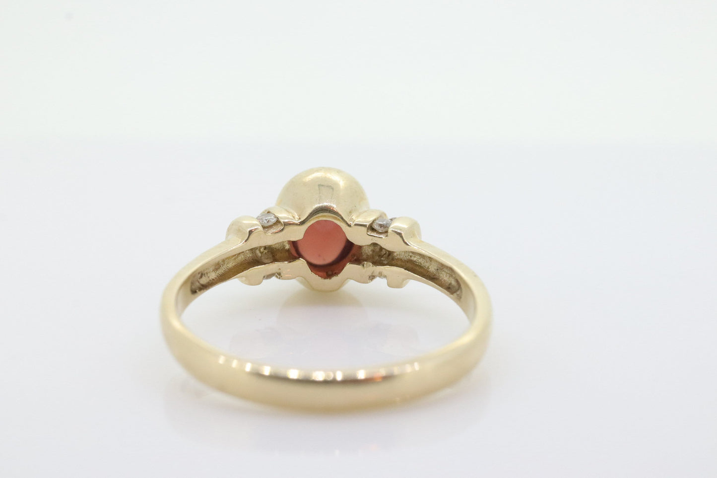 10k Red Tourmaline Ring. Bezel set OVAL Cabochon Tourmaline solitaire and diamond ring. st(92)