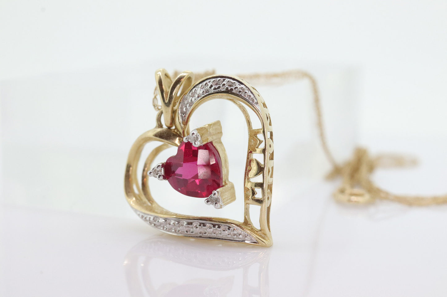 10k Ruby Faceted Heart with Diamond Necklace. 10k LOVE MOM Pendant. For MOM Gift. Stock(86/25)