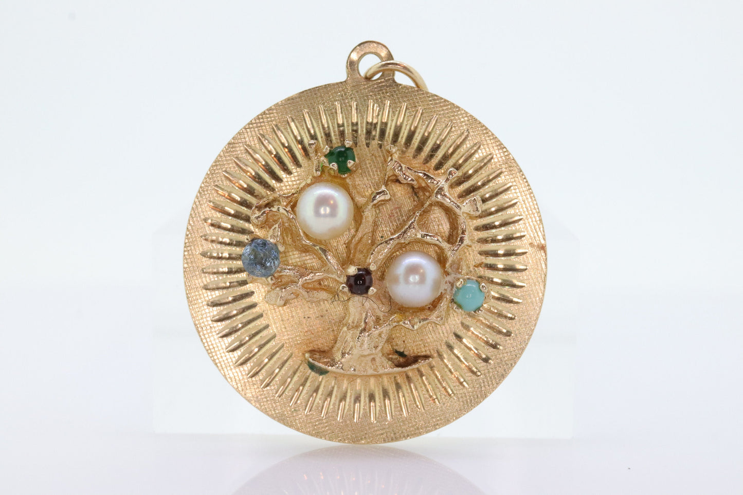 14k Tree of Life Round Medallion Pendant. Turquoise Pearls Emerald Ruby Aquamarine fruits. stock(109/25)
