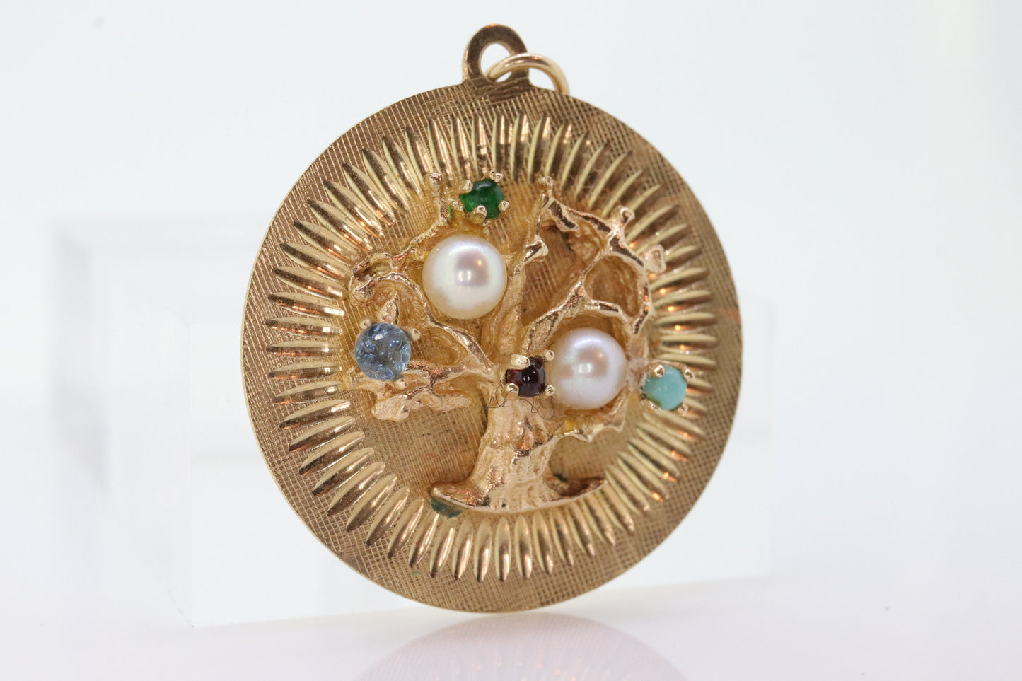 14k Tree of Life Round Medallion Pendant. Turquoise Pearls Emerald Ruby Aquamarine fruits. stock(109/25)