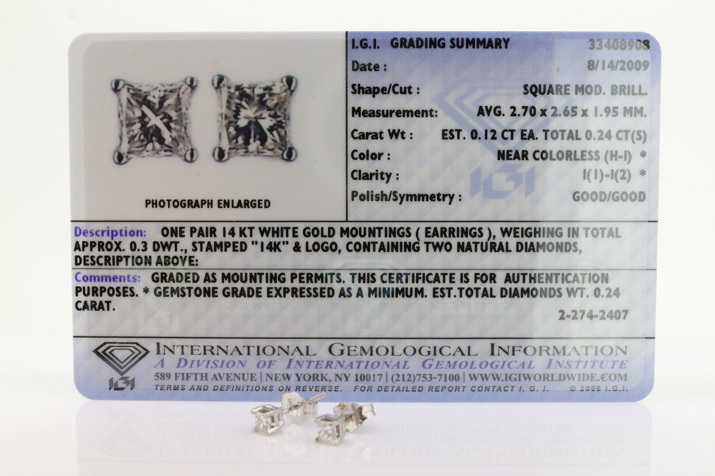 14k Diamond studs 14k gold earrings. 14k Princess Square Diamond Solitaire earrings. CERTIFIED st(138)