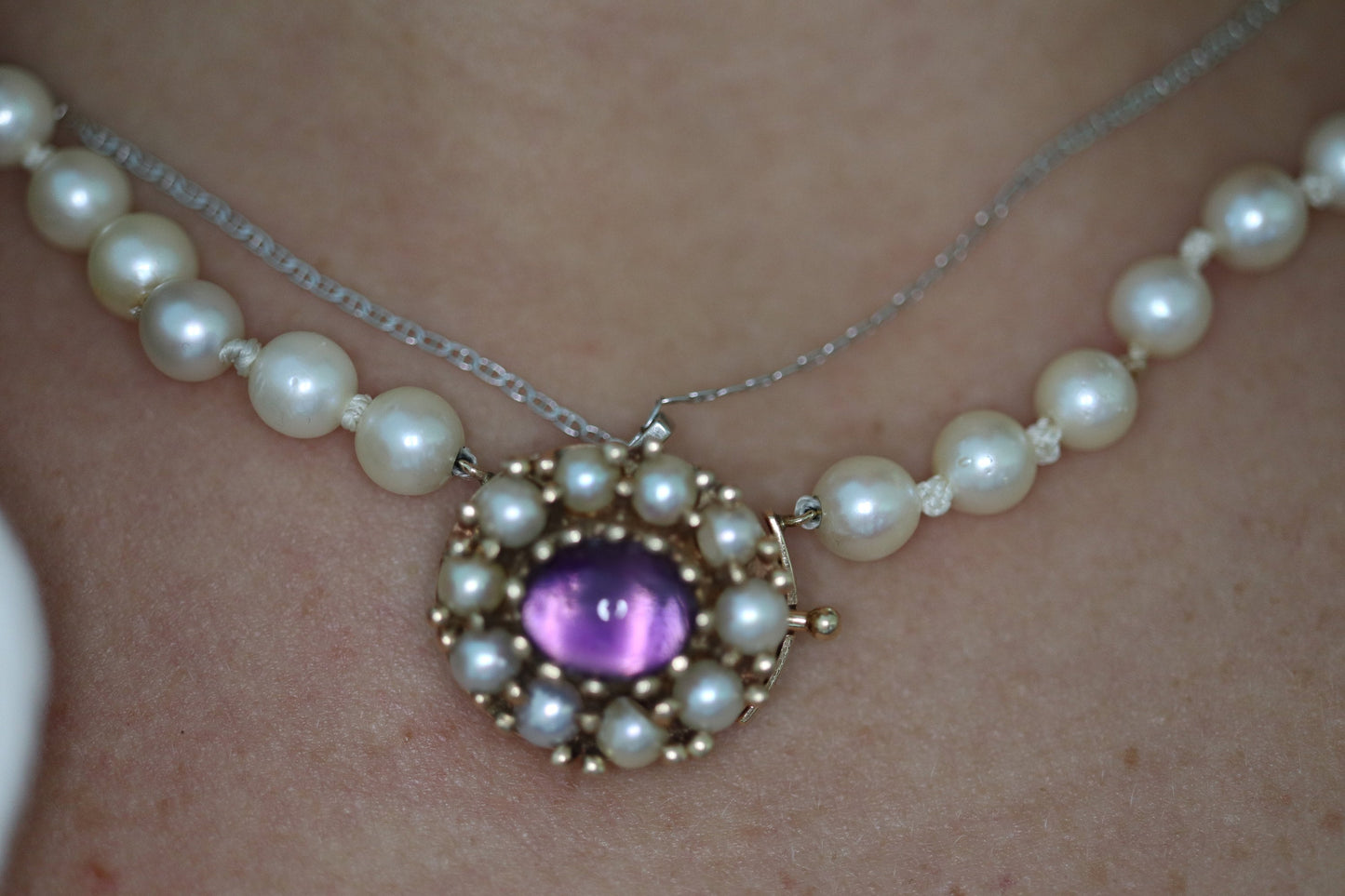 Victorian 6mm-10mm Pearl necklace with Amethyst and pearl seed 14k clasp. 24in