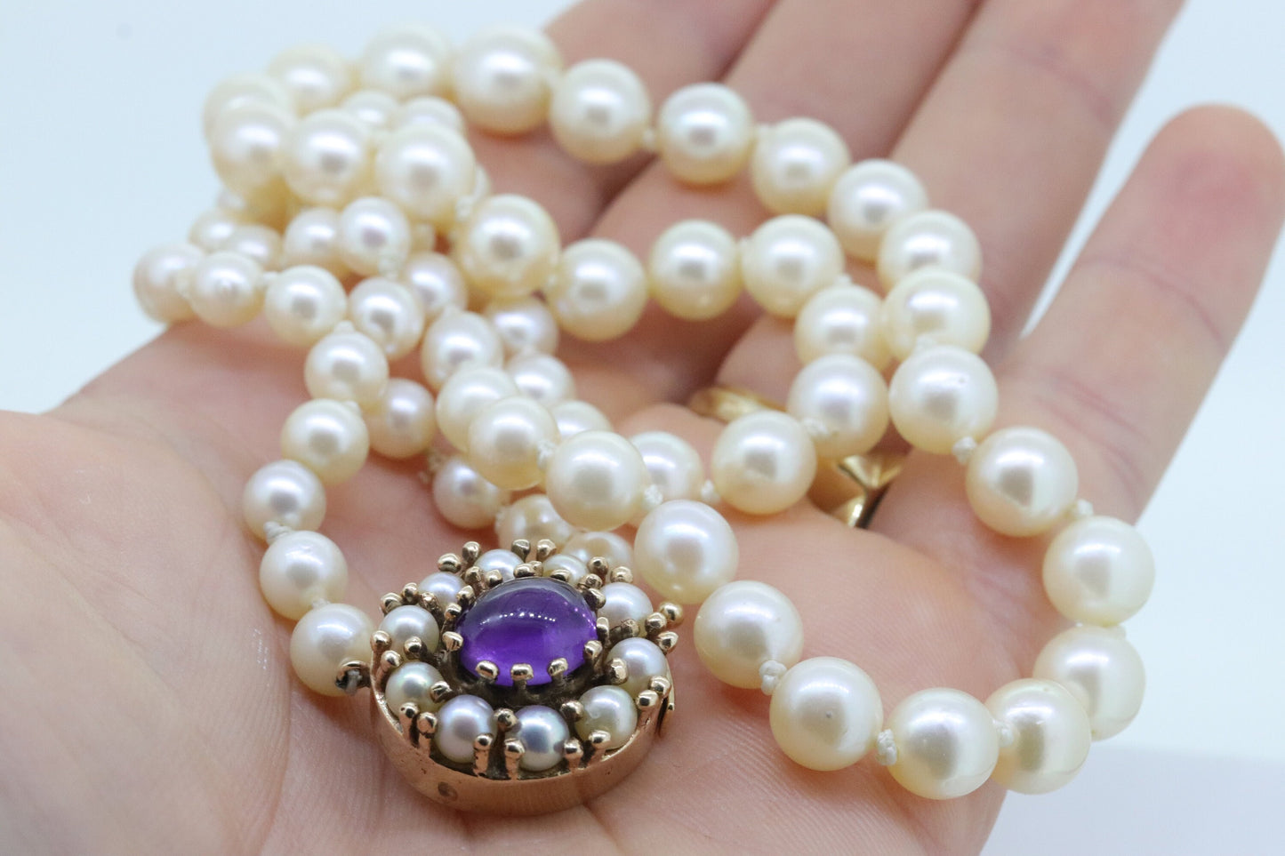 Victorian 6mm-10mm Pearl necklace with Amethyst and pearl seed 14k clasp. 24in