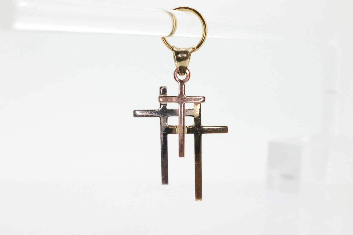 10k Gold Cross Crucifix . Triple Three Cross Golgotha Pendant. 10k Rose White Yellow Gold Cross pendant. st(42)