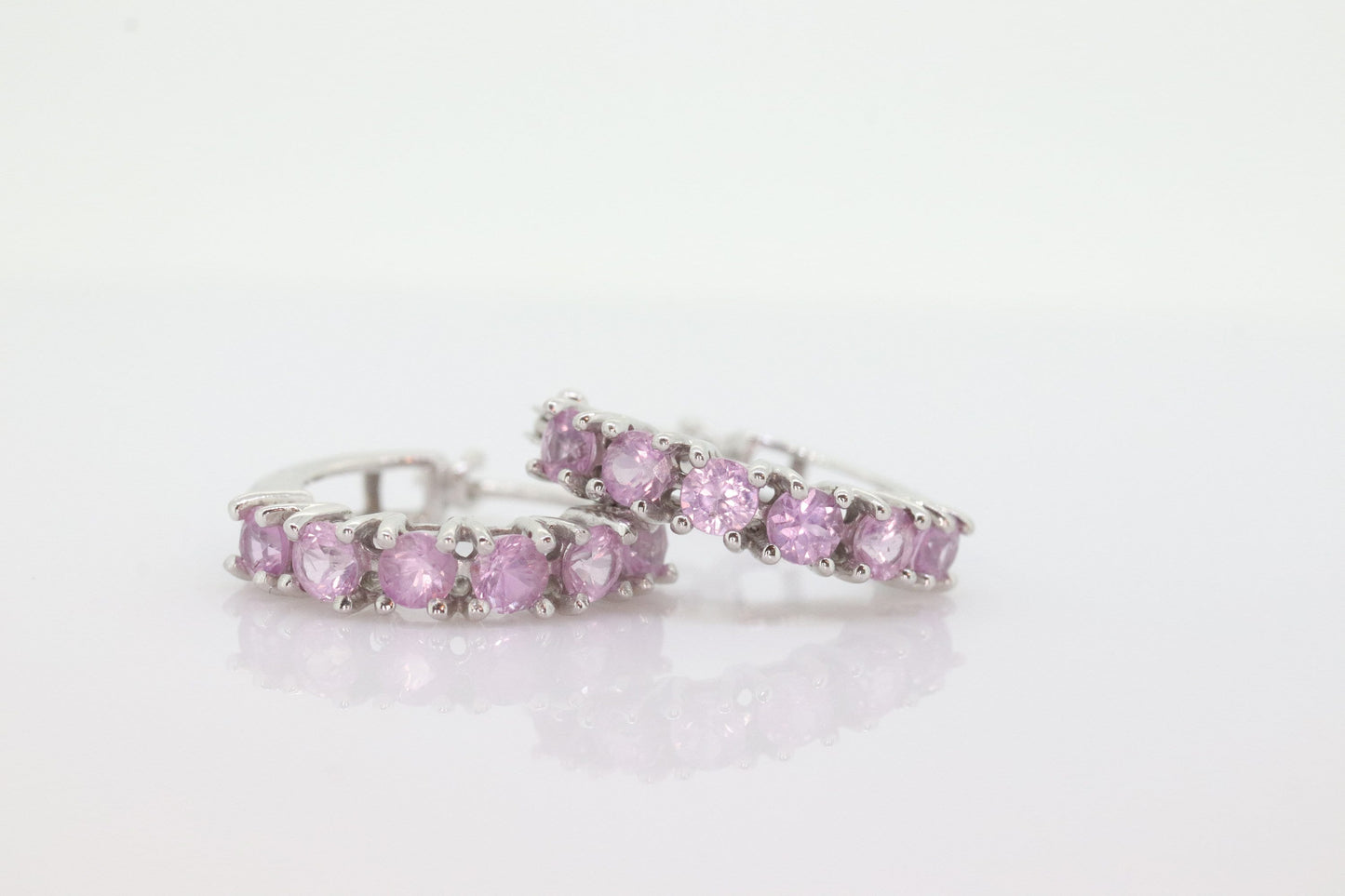 Estate 10k Round Pink Sapphire Cluster Hoop Earrings. PINK SAPPHIRE Earrings. 10k White Gold Sapphire Earrings st(29)