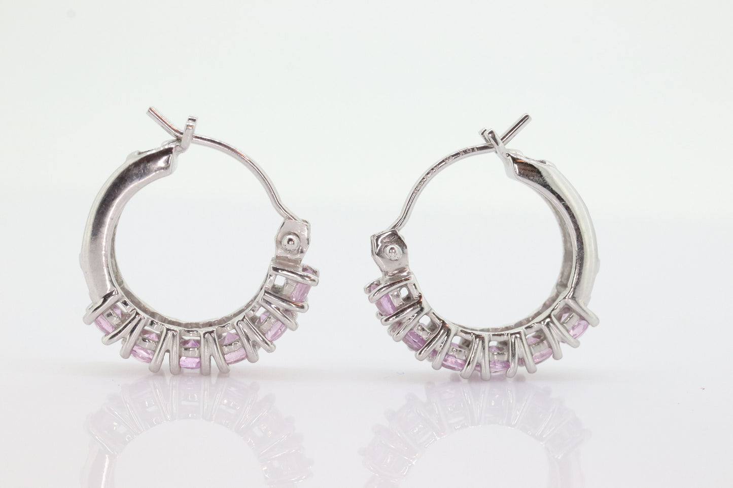 Estate 10k Round Pink Sapphire Cluster Hoop Earrings. PINK SAPPHIRE Earrings. 10k White Gold Sapphire Earrings st(29)