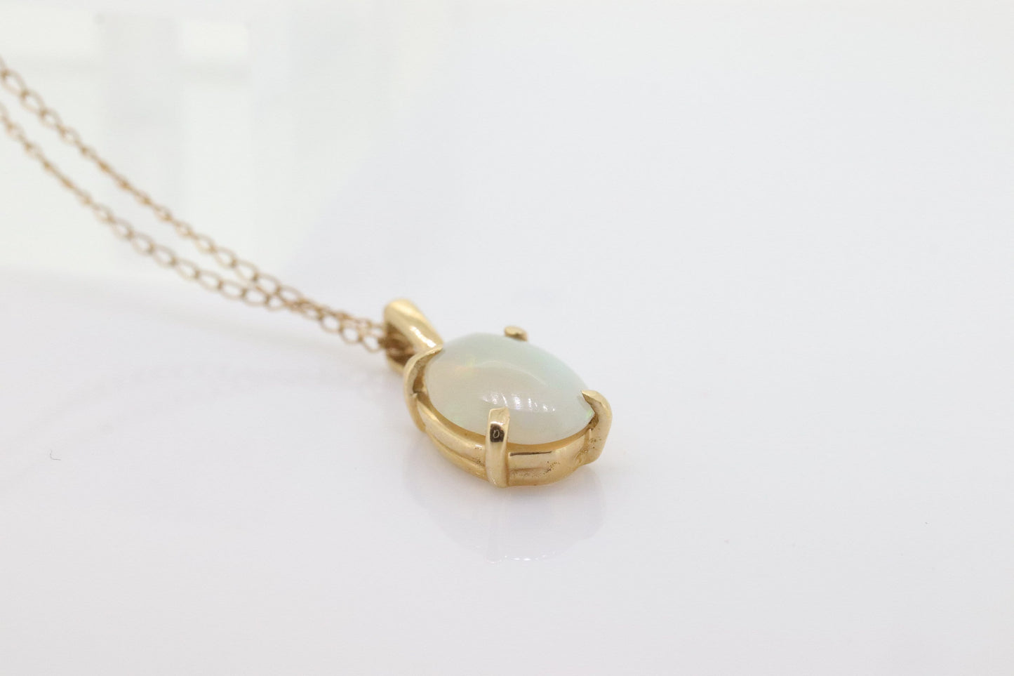 14k Crystal OPAL Pendant. Oval Cabochon Opal charm necklace. Prong set solitaire. st(44)