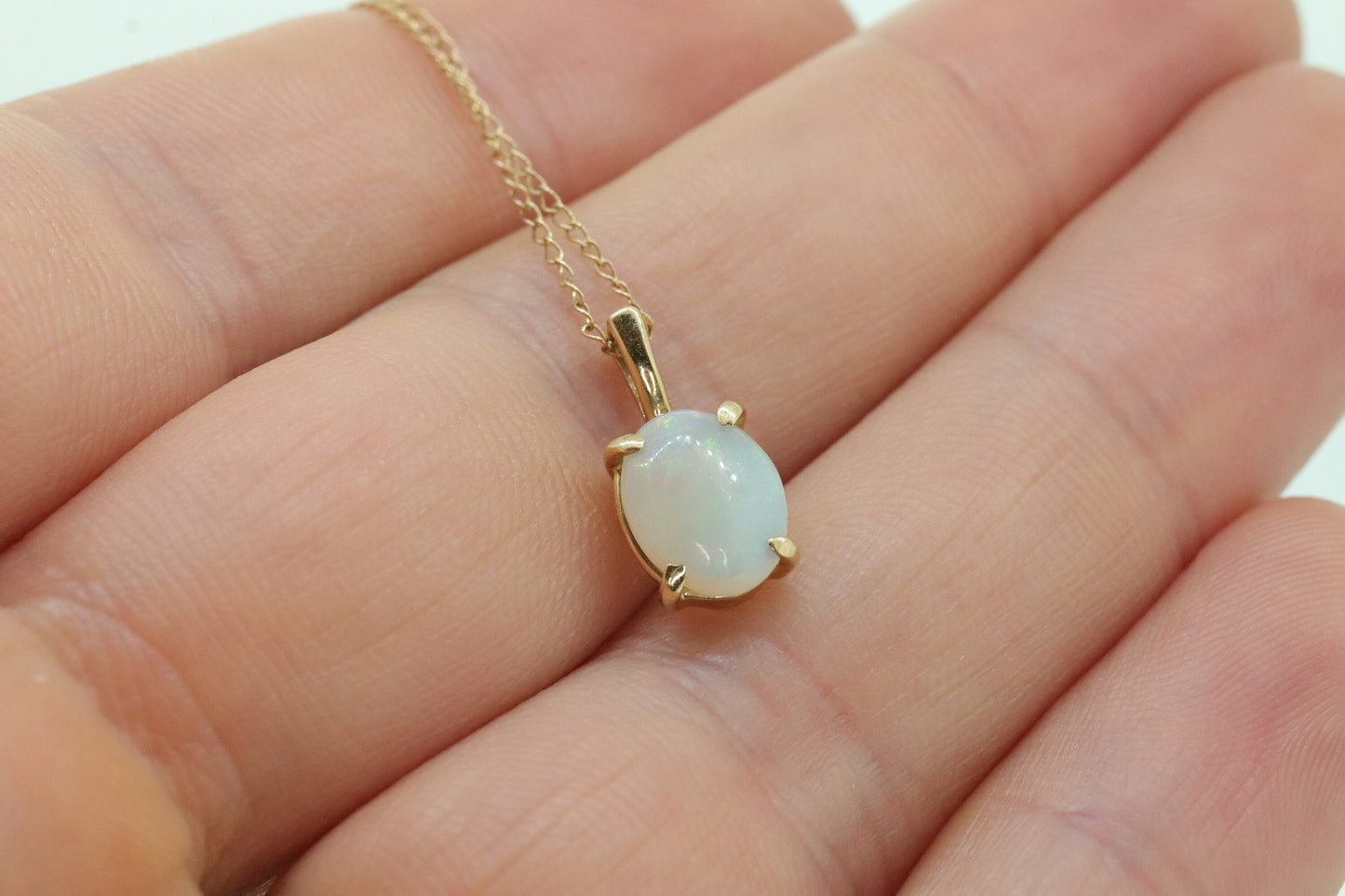 14k Crystal OPAL Pendant. Oval Cabochon Opal charm necklace. Prong set solitaire. st(44)