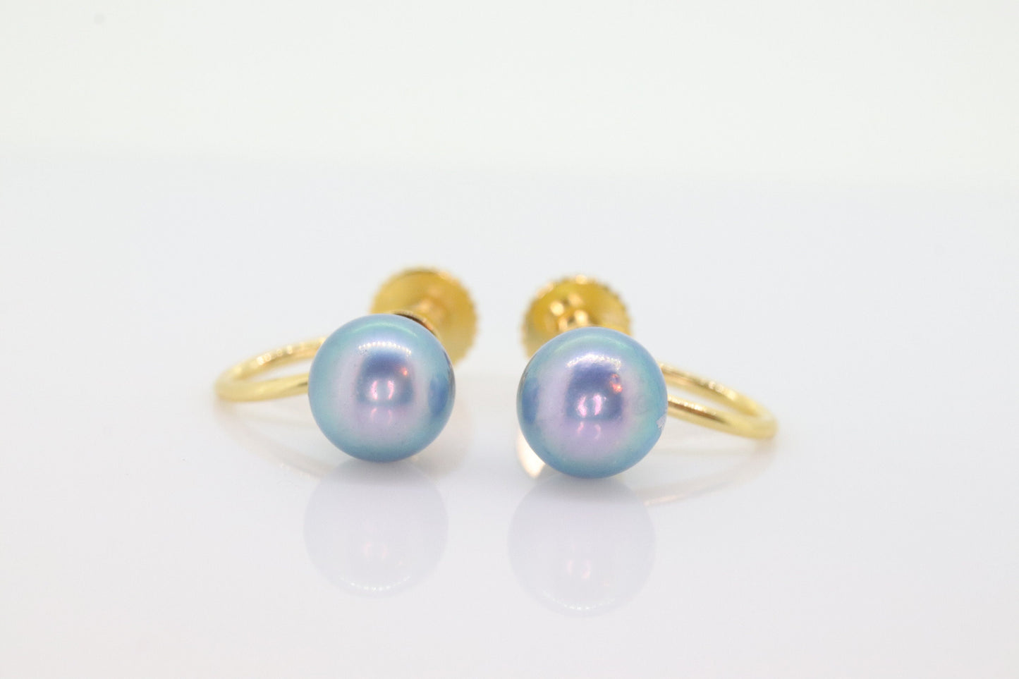 18k Blue PEARL EARRINGS. 18k Yellow gold Pearl earrings. Non-Pierced Screw Clips Clip ons. Tension earrings. st(86)