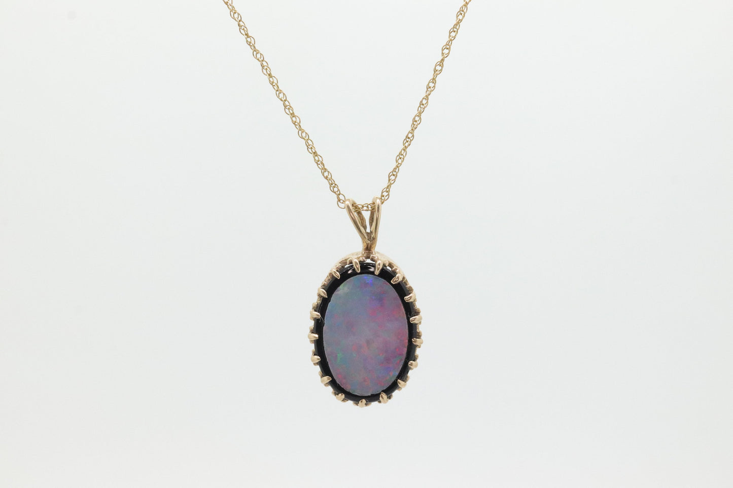 Opal Onyx Pendant. 14k Yellow Gold Medallion. Wonderful Opal Crown set. Opal and Onyx Doublet Pendant. (st198)