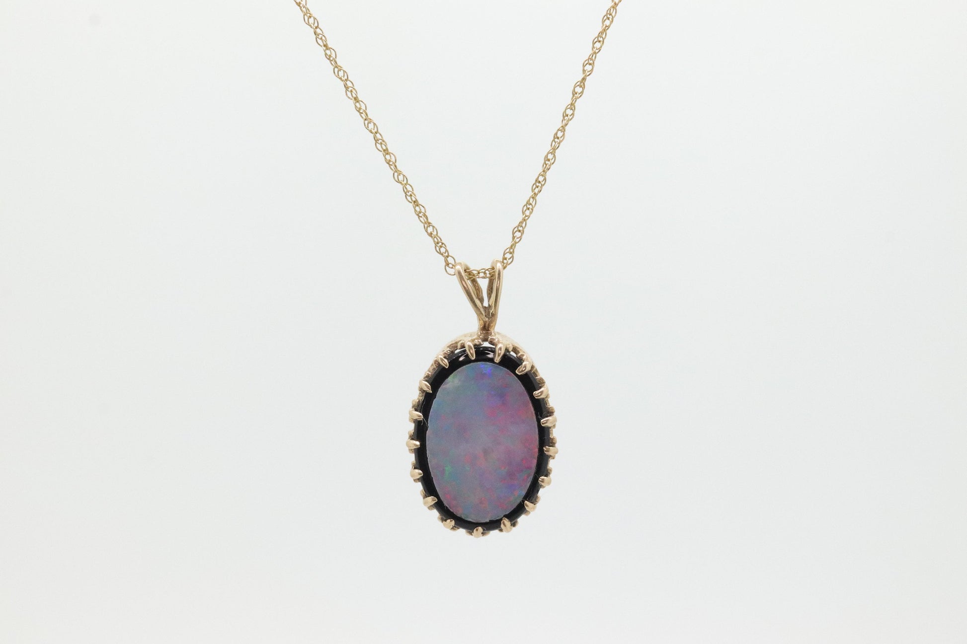 Opal Onyx Pendant. 14k Yellow Gold Medallion. Wonderful Opal Crown set. Opal and Onyx Doublet Pendant. (st198)