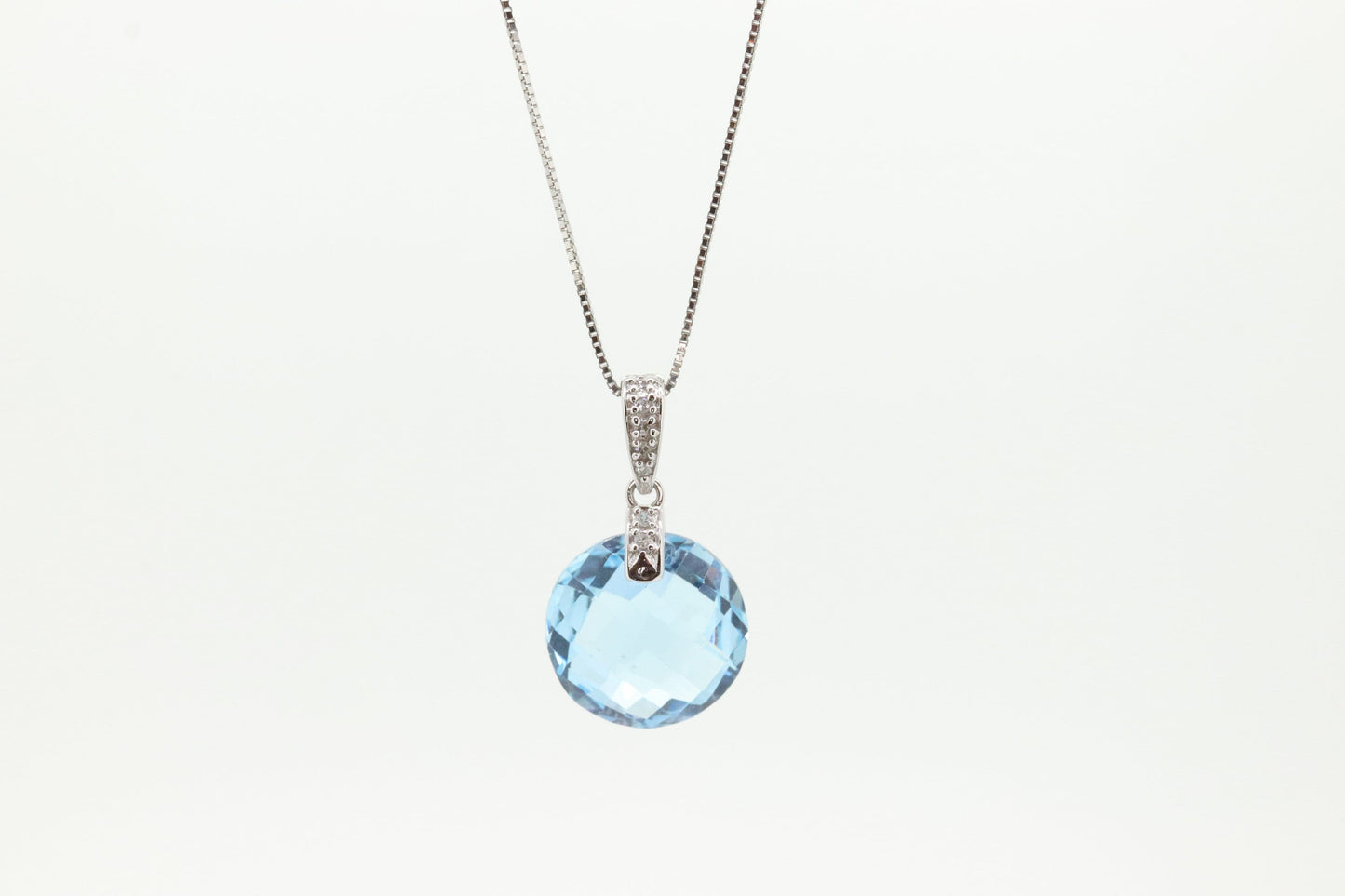 14k Blue TOPAZ and diamond Pendant. High quality drop CANDY pendant piece. Italian RCI. 14k Box Chain Necklace. st(100)
