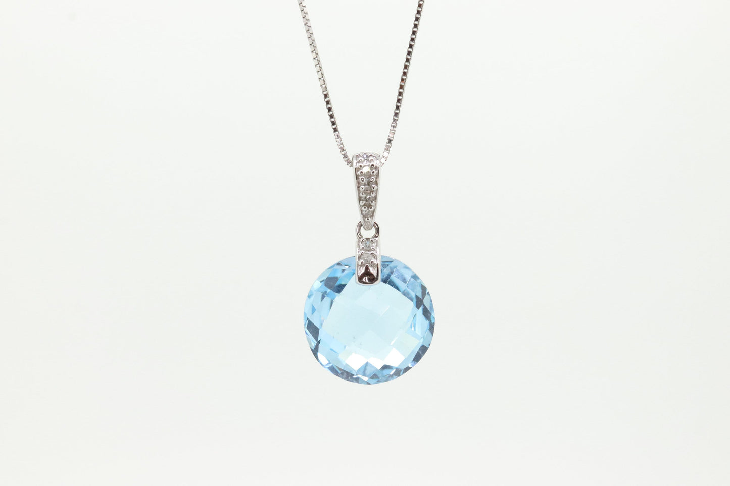 14k Blue TOPAZ and diamond Pendant. High quality drop CANDY pendant piece. Italian RCI. 14k Box Chain Necklace. st(100)