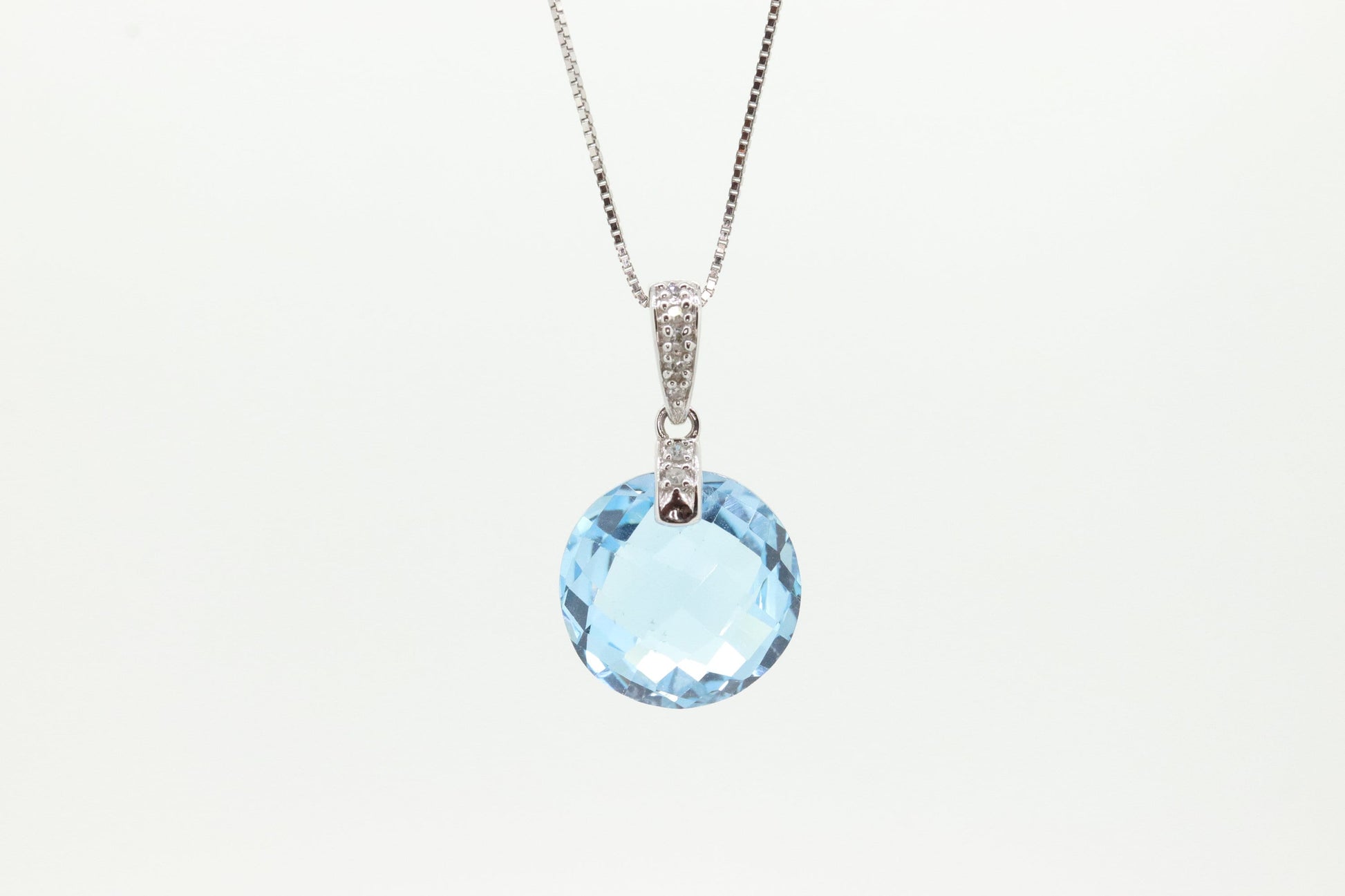 14k Blue TOPAZ and diamond Pendant. High quality drop CANDY pendant piece. Italian RCI. 14k Box Chain Necklace. st(100)