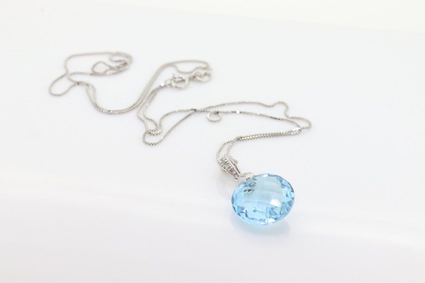 14k Blue TOPAZ and diamond Pendant. High quality drop CANDY pendant piece. Italian RCI. 14k Box Chain Necklace. st(100)
