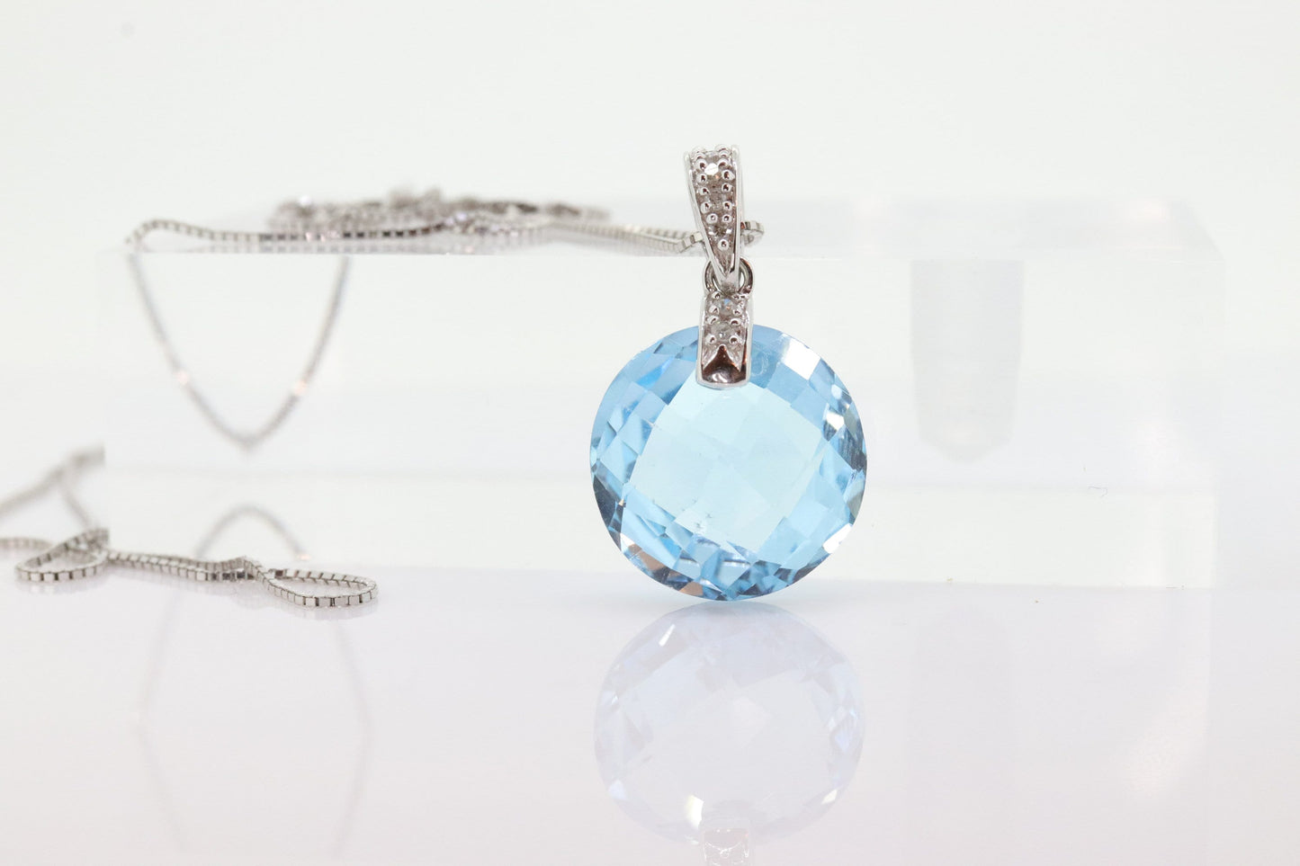 14k Blue TOPAZ and diamond Pendant. High quality drop CANDY pendant piece. Italian RCI. 14k Box Chain Necklace. st(100)