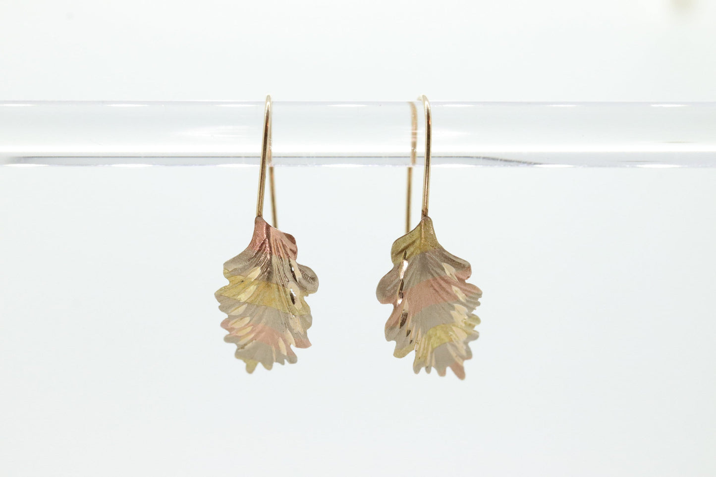14k Yellow White Rose Gold Dangle Drop Earrings. Leaf Textured Earrings Diamond Cut. st(21)