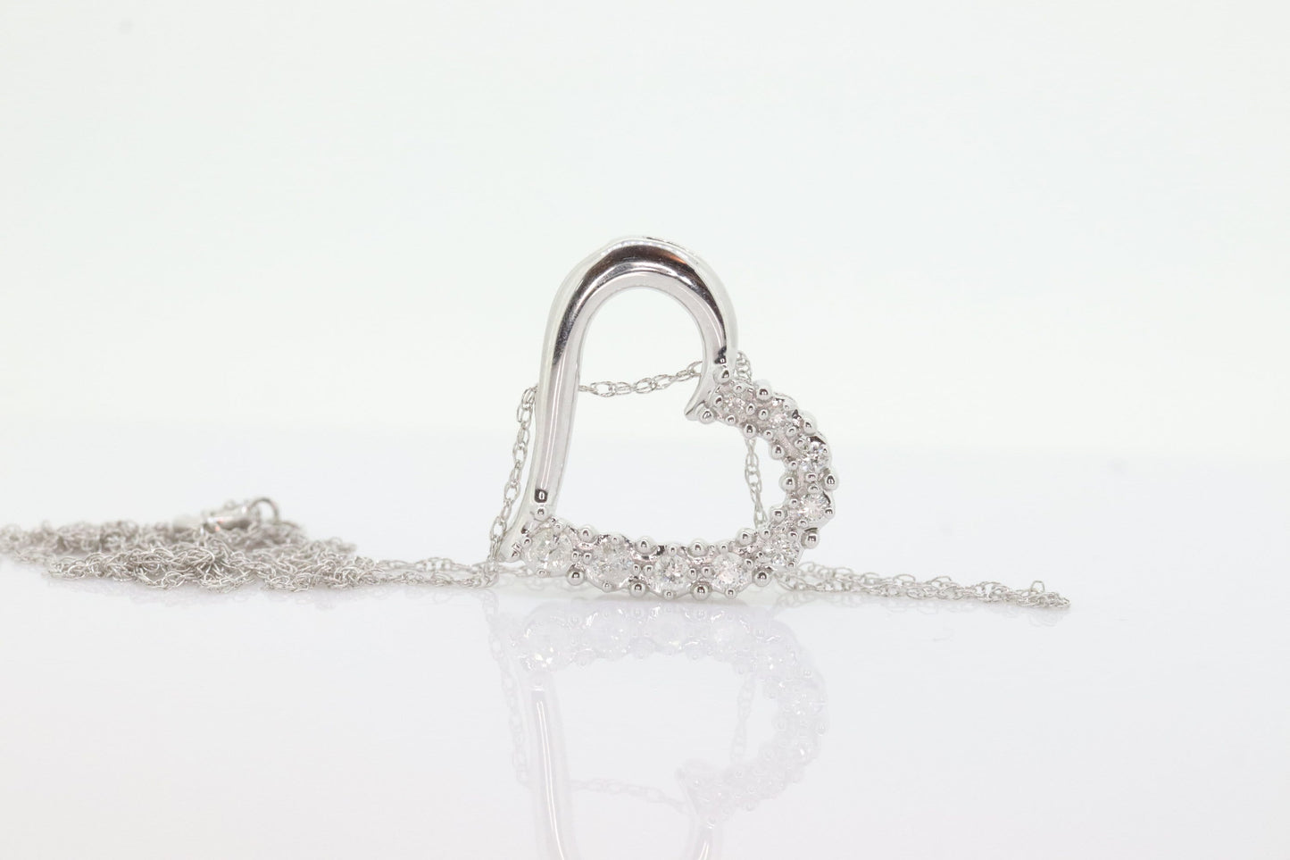 10k Open Heart Diamond Necklace. 10k White Gold Pave Diamond. Circle of Life Heart Necklace. st(67)
