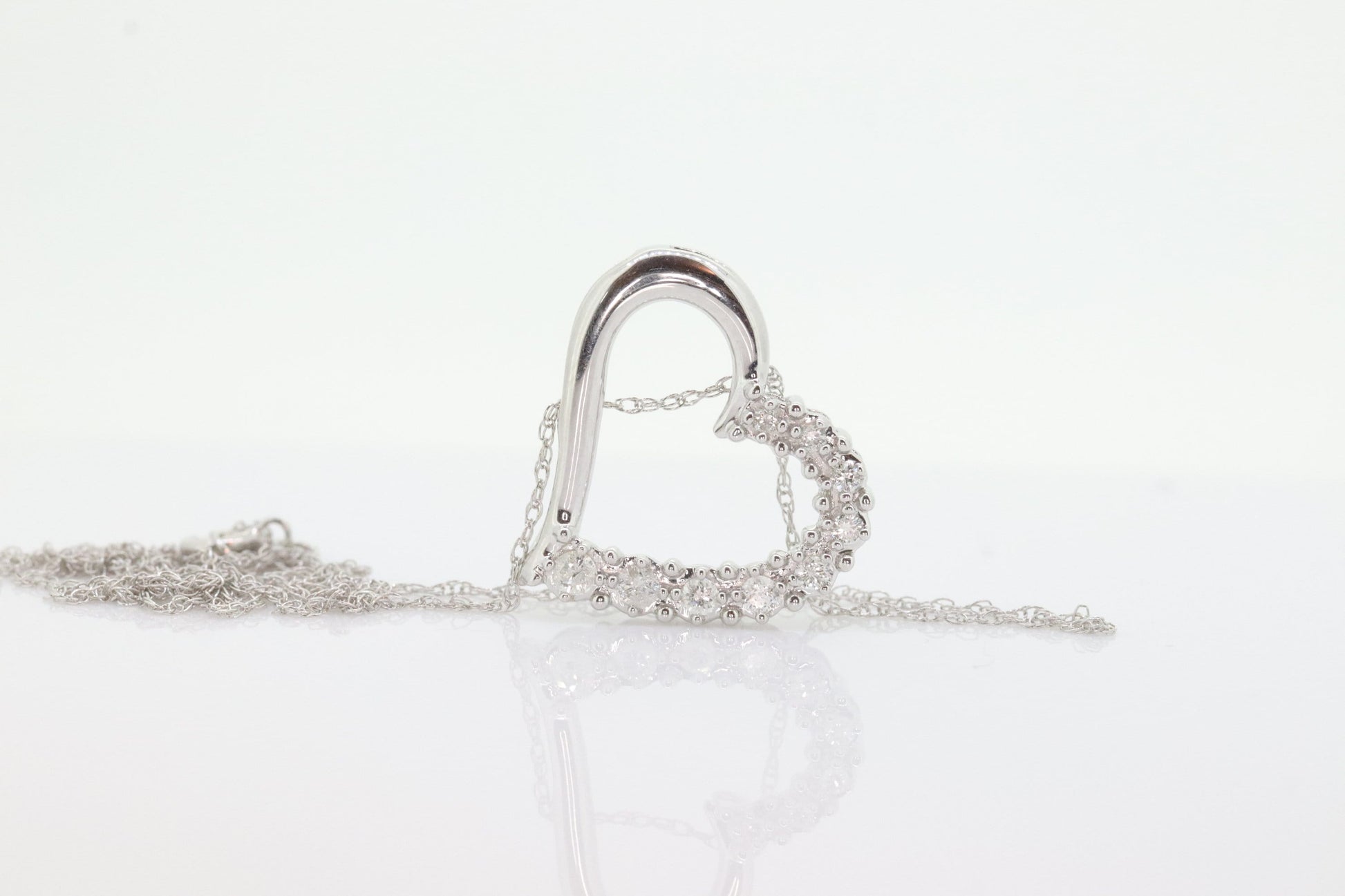 10k Open Heart Diamond Necklace. 10k White Gold Pave Diamond. Circle of Life Heart Necklace. st(67)